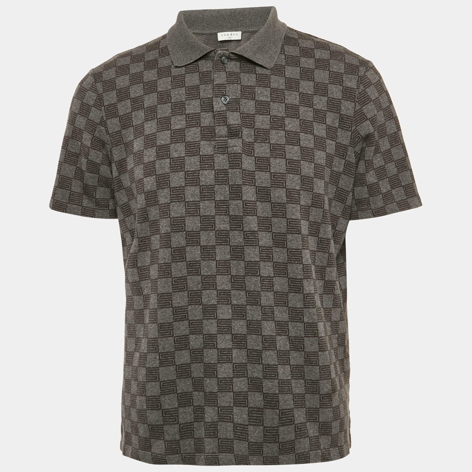 Sandro Grey Check Print Cotton Pique Polo T-Shirt L