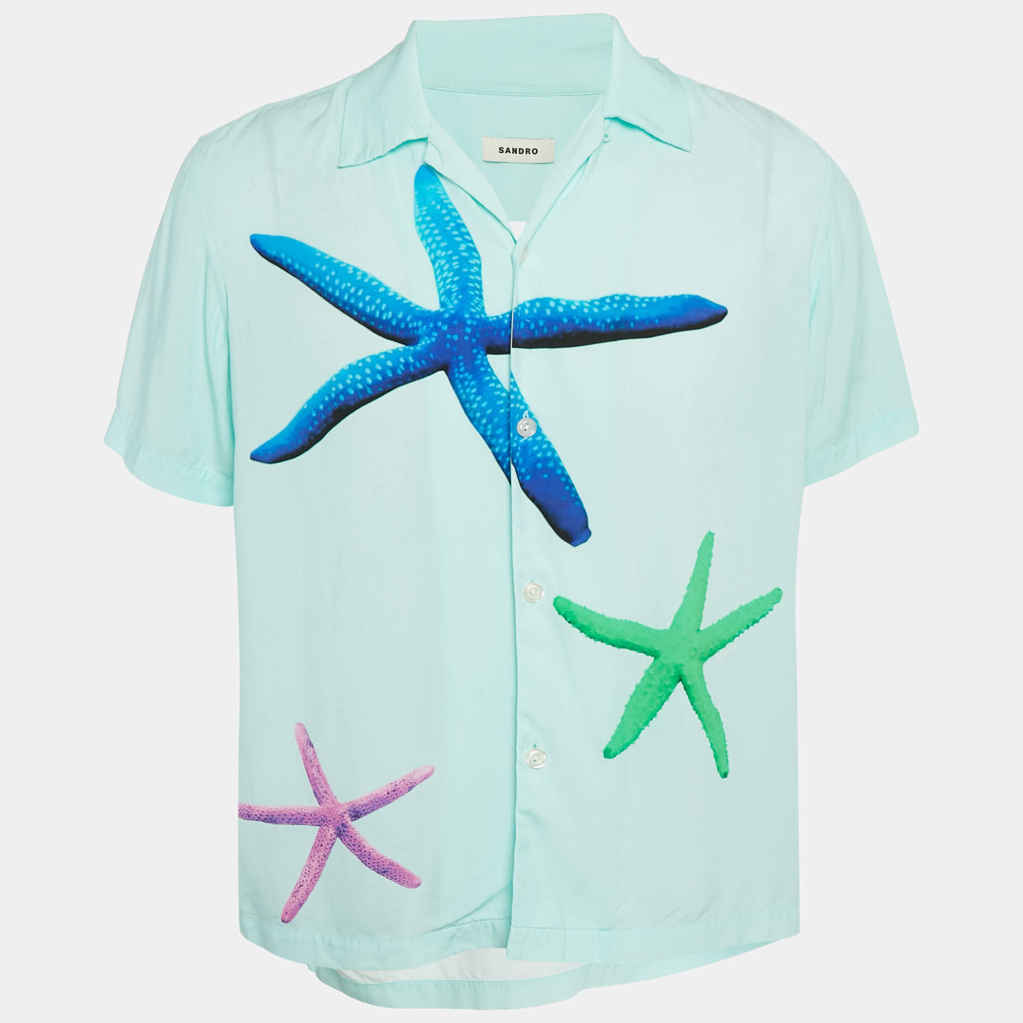 Pre Owned Sandro Blue Starfish Print Crepe Short Sleeve Shirt S