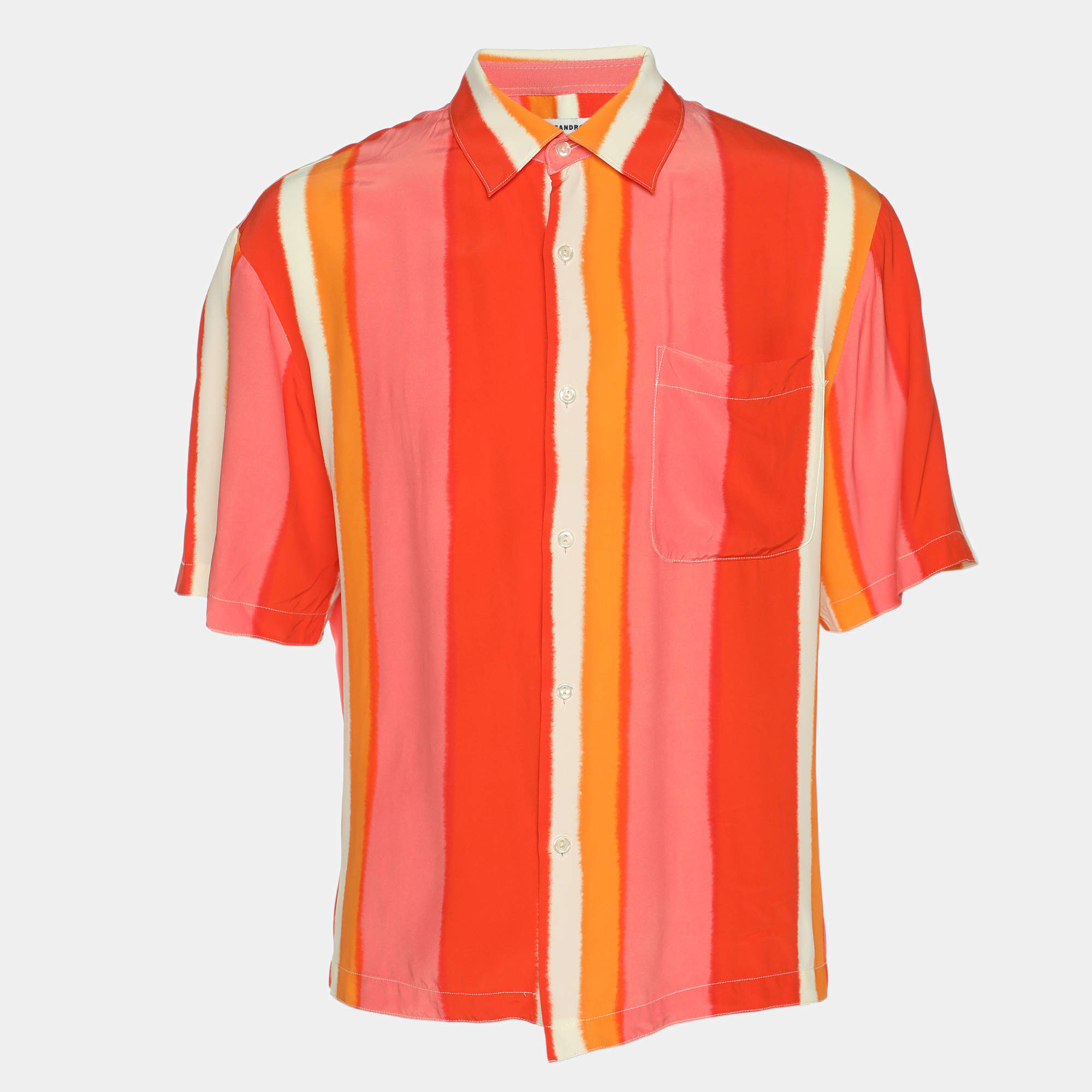 Pre Owned Sandro Orange Flowing Striped Crepe Short Sleeve Shirt M