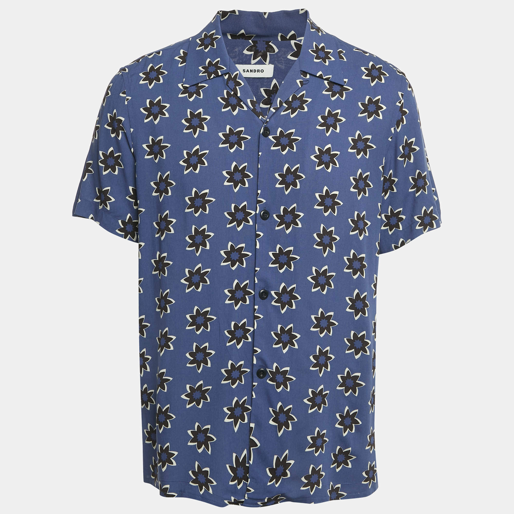 Pre Owned Sandro Blue Floral Print Viscose Half Sleeve Shirt L
