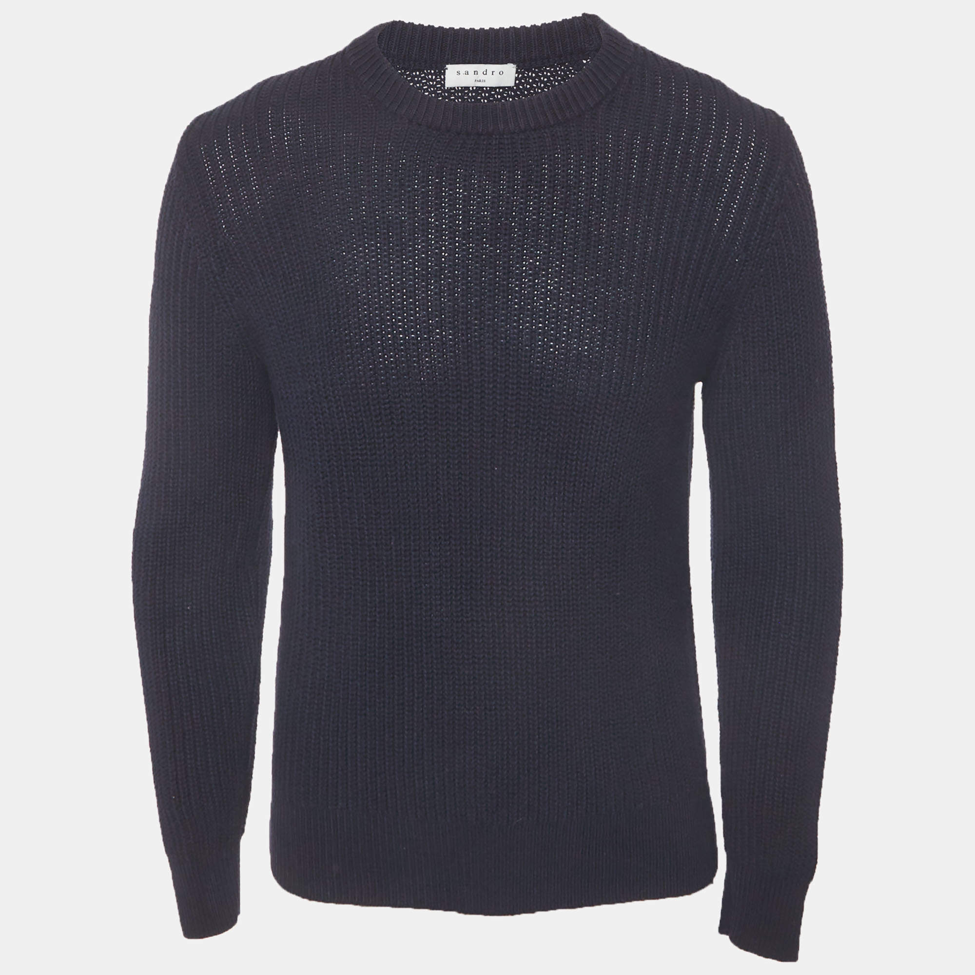 مملوكة مسبقًا Sandro Navy Blue Rib Knit Crewneck Sweater S