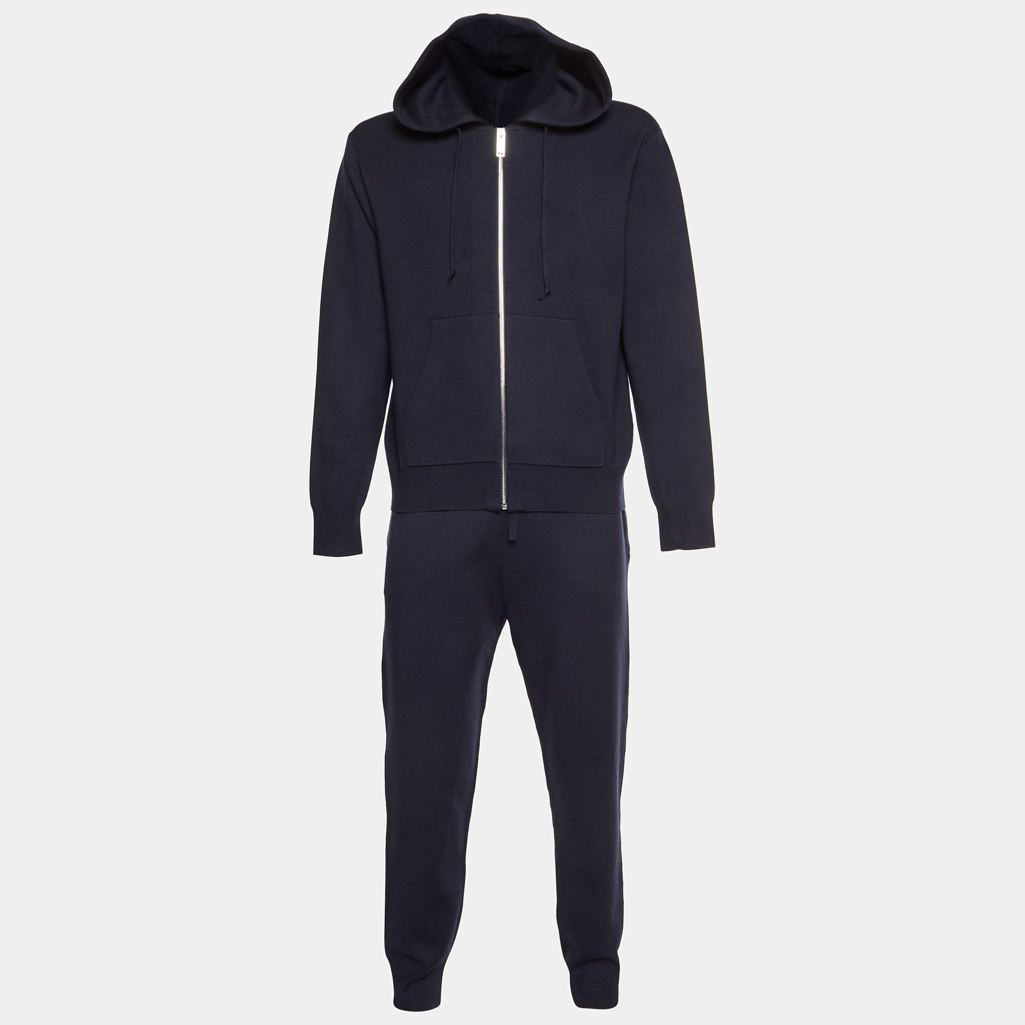 Pre Owned Sandro Navy Blue Jersey Zip Up Hoodie and Track Pants Set L/XL