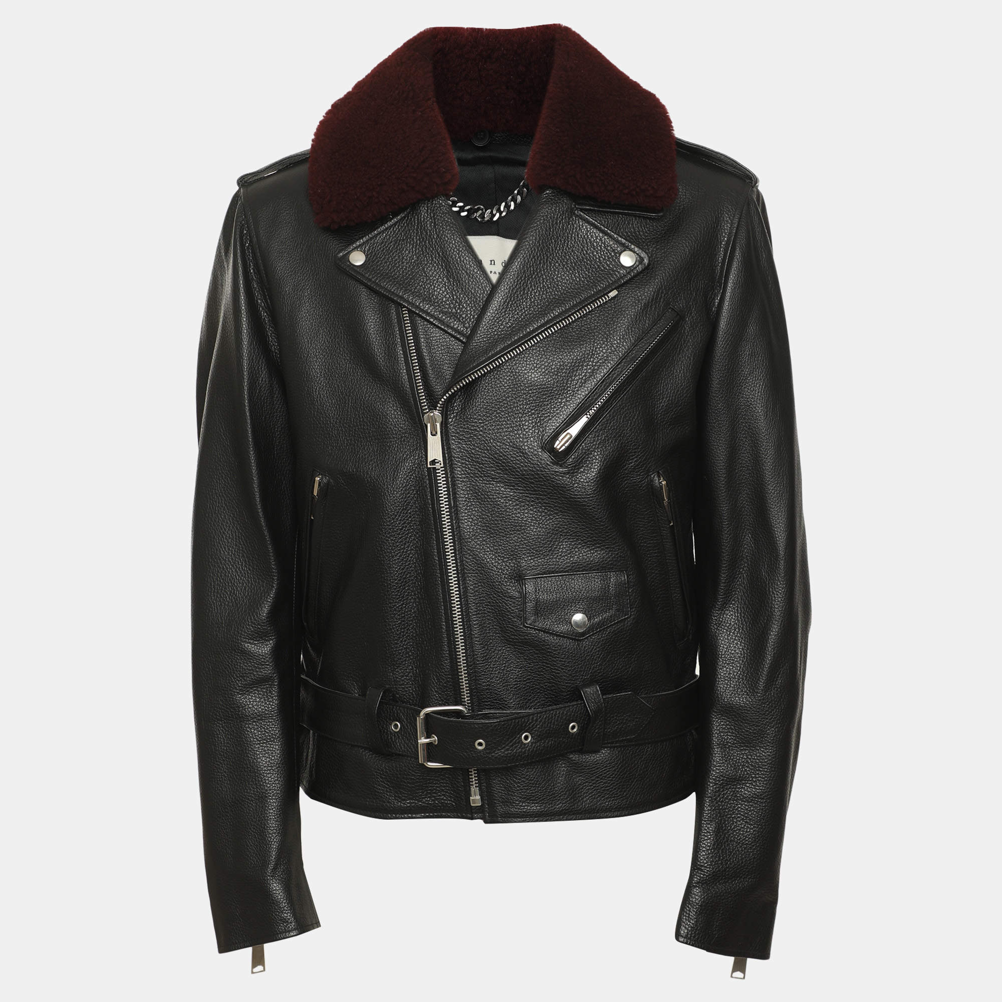 Pre Owned Sandro Black Leather and Shearling Biker Jacket L