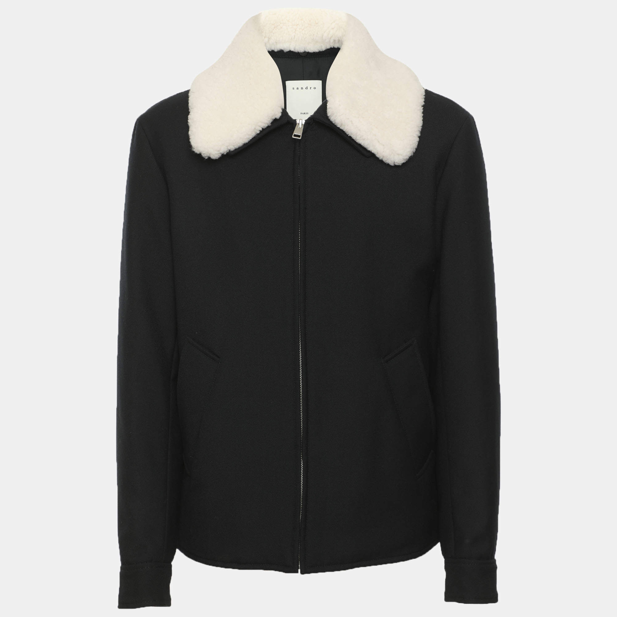 Pre Owned Sandro Navy Blue/White Wool Blend Removable Collar Jacket M