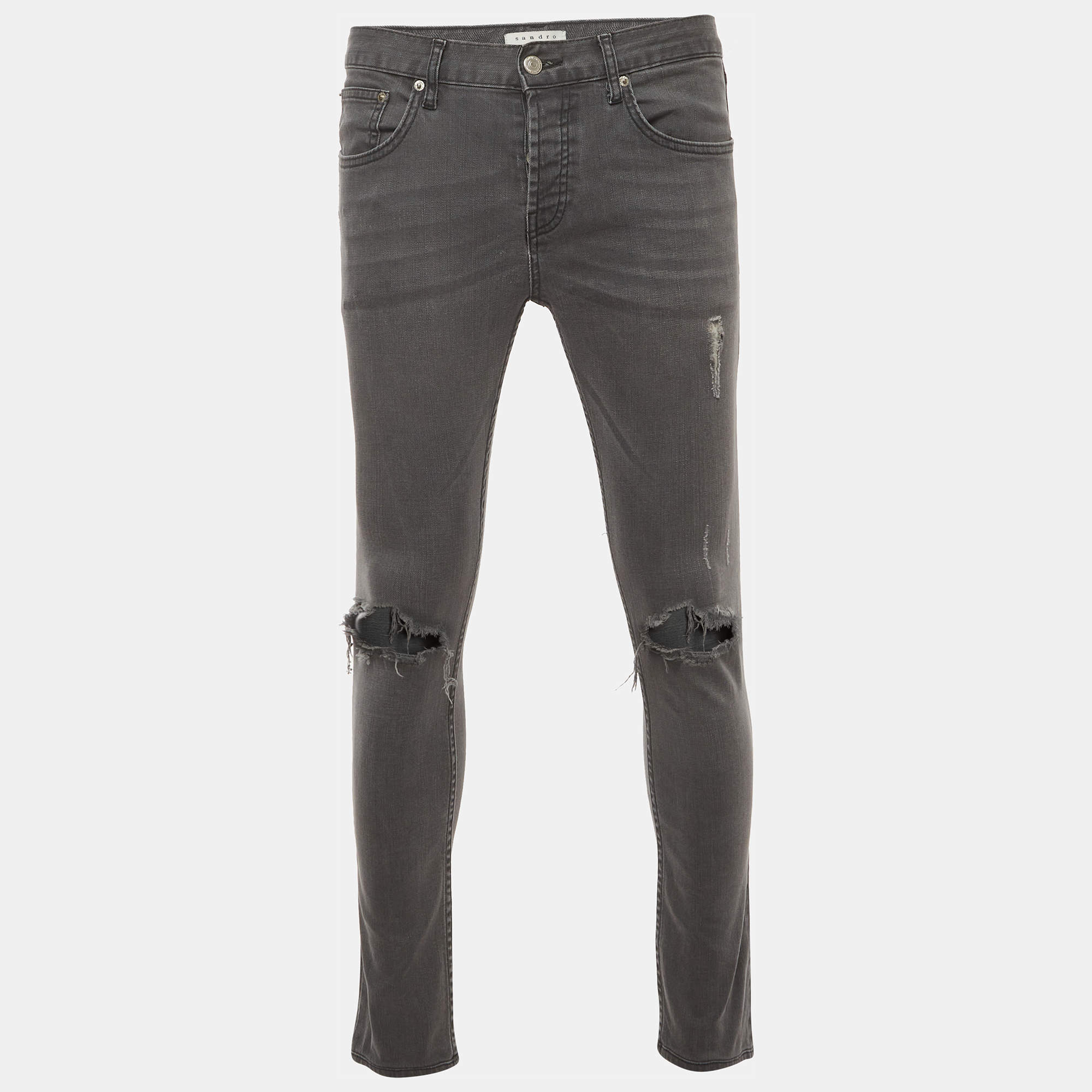 Pre Owned Sandro Grey Distressed Denim Skinny Jeans M/Waist 32" 