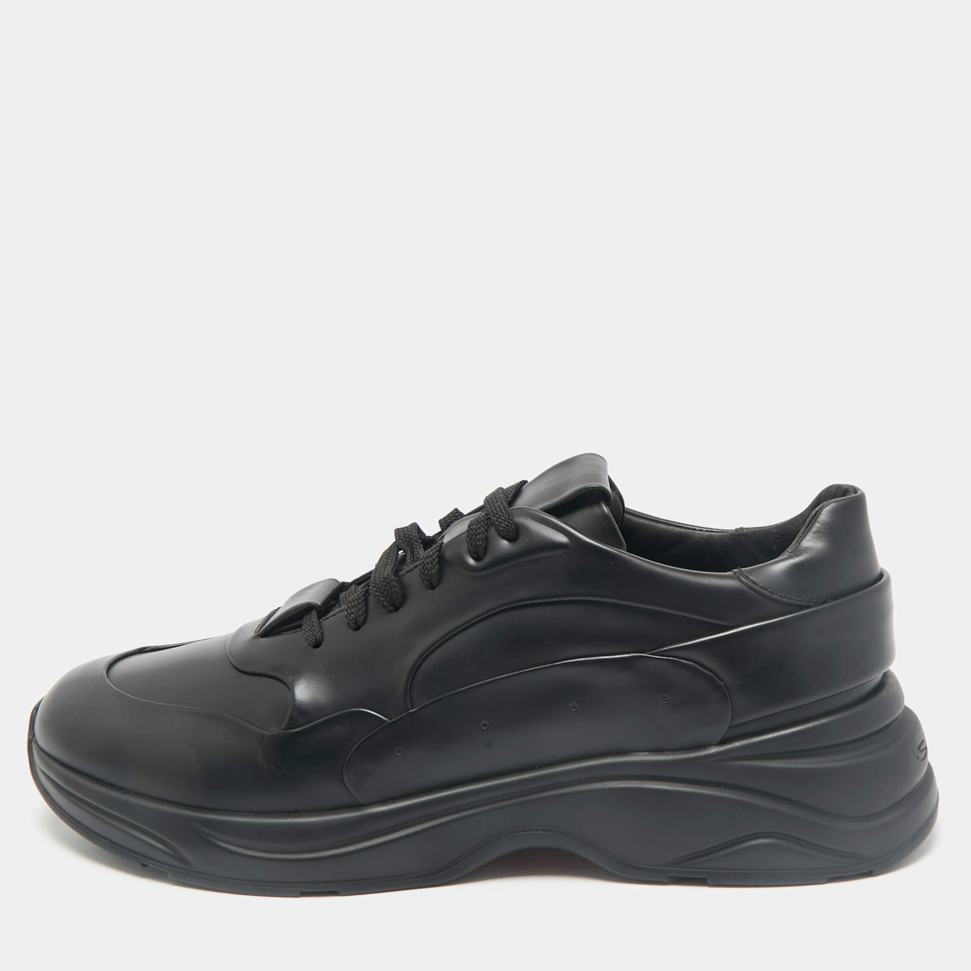 Santoni Black Leather Low Top Sneakers Size 45