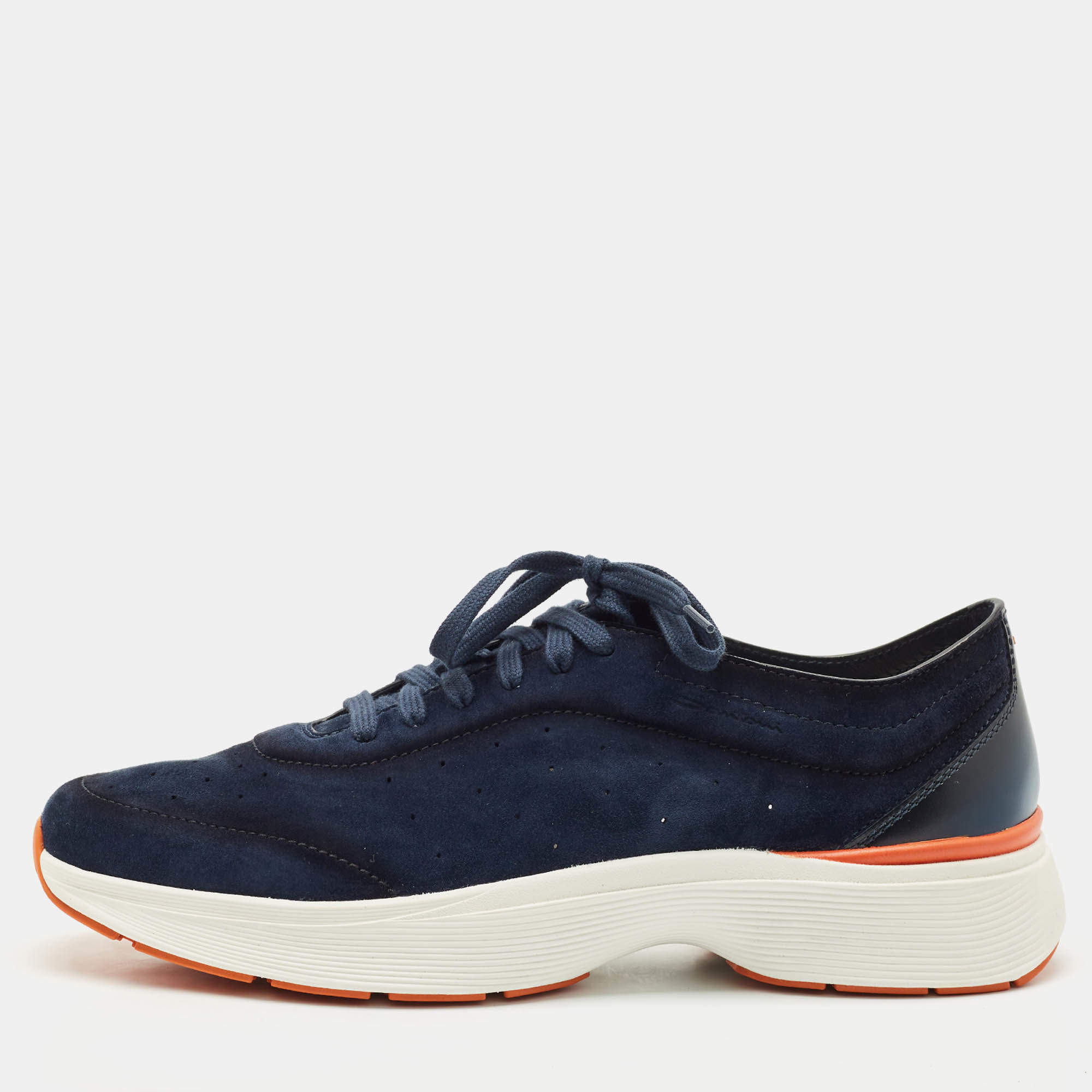 Santoni Navy Blue Suede Bounce Low Top Sneakers Size 45