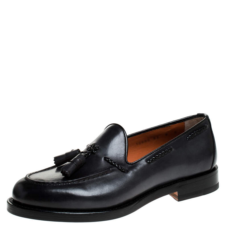 Pre Owned Santoni Grey Leather Tassel Detail Slip On Loafers Size 44