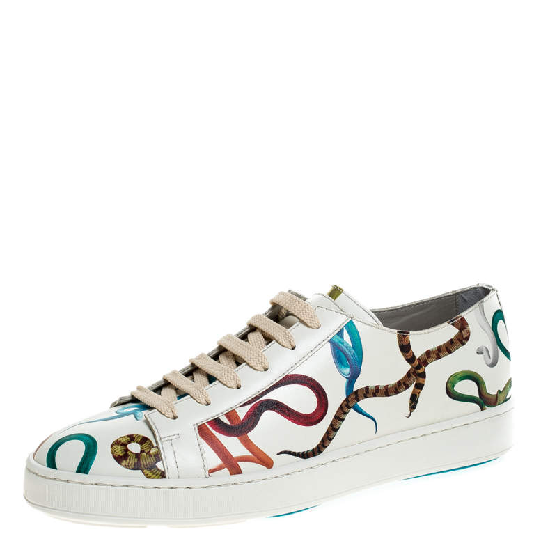 Pre Owned Santoni White Leather Snake Print Low Top Sneakers Size 40