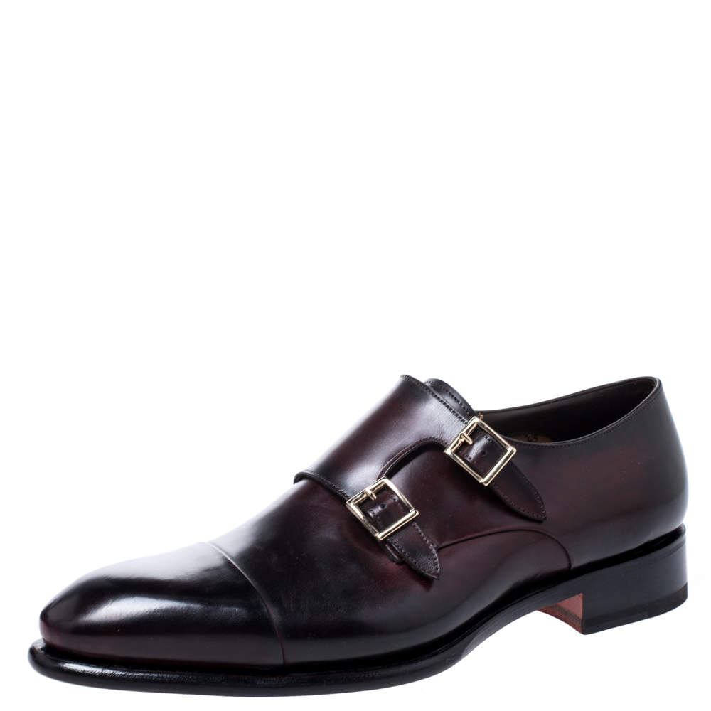 Pre Owned Santoni Burgundy Leather Double Buckle Monk Derby Size 44