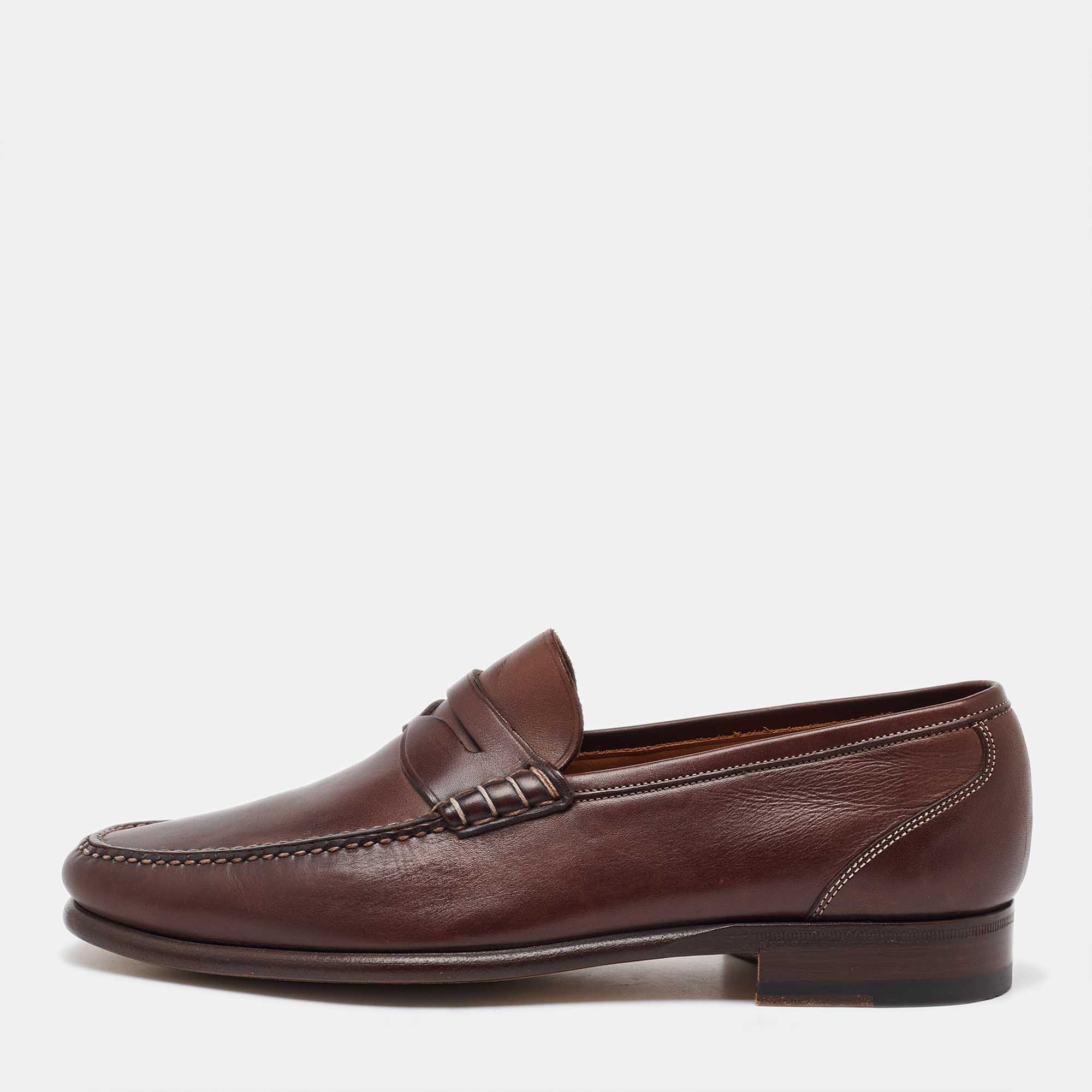 Santoni Dark Brown Leather Slip On Loafers Size 40.5