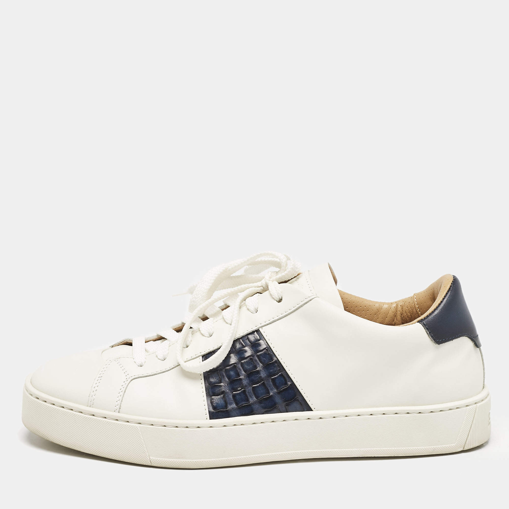 Pre Owned Santoni White/Navy Blue Leather Donni Lace Up Sneakers Size 42