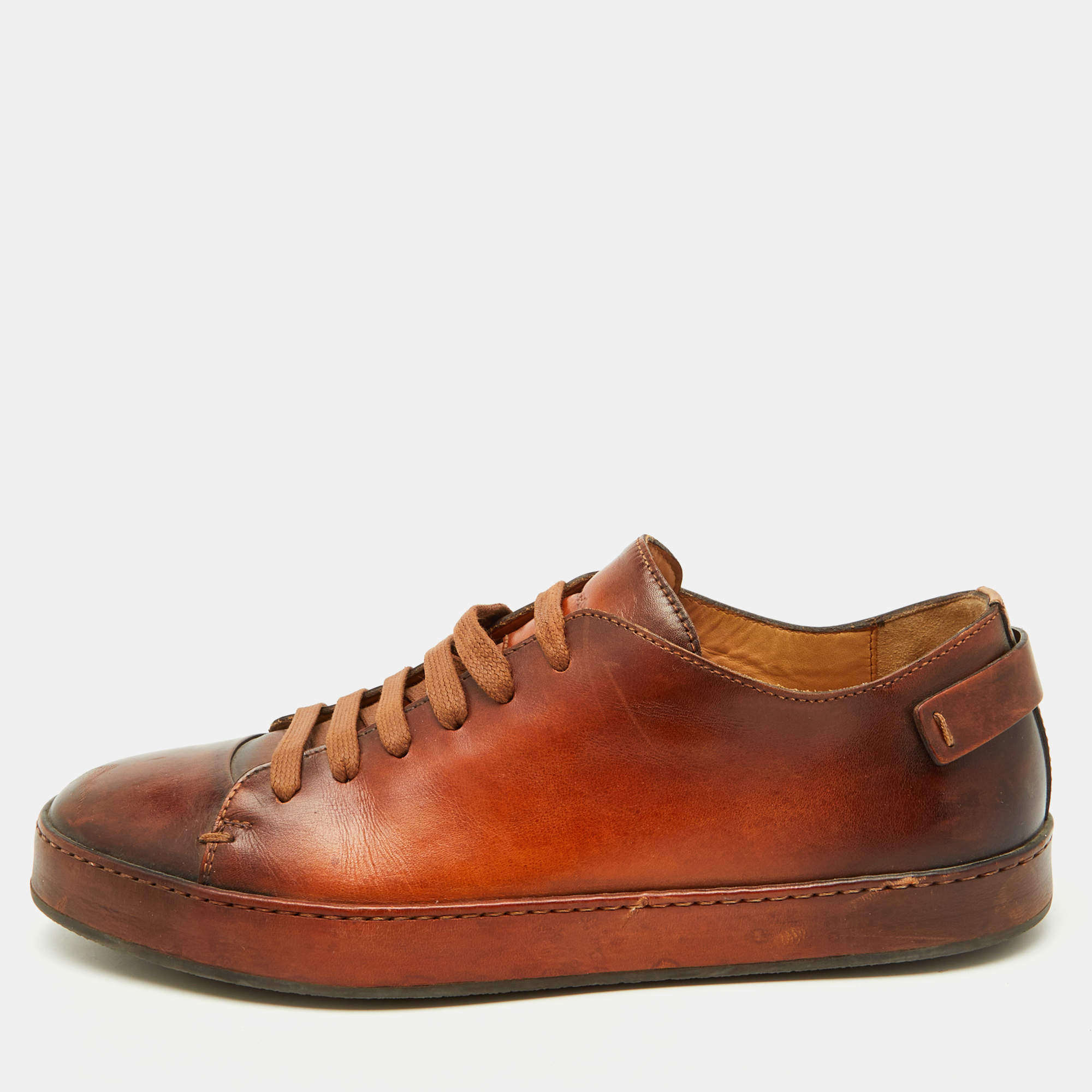 Santoni Brown Leather Lace Up Low Top Sneakers Size 40.5