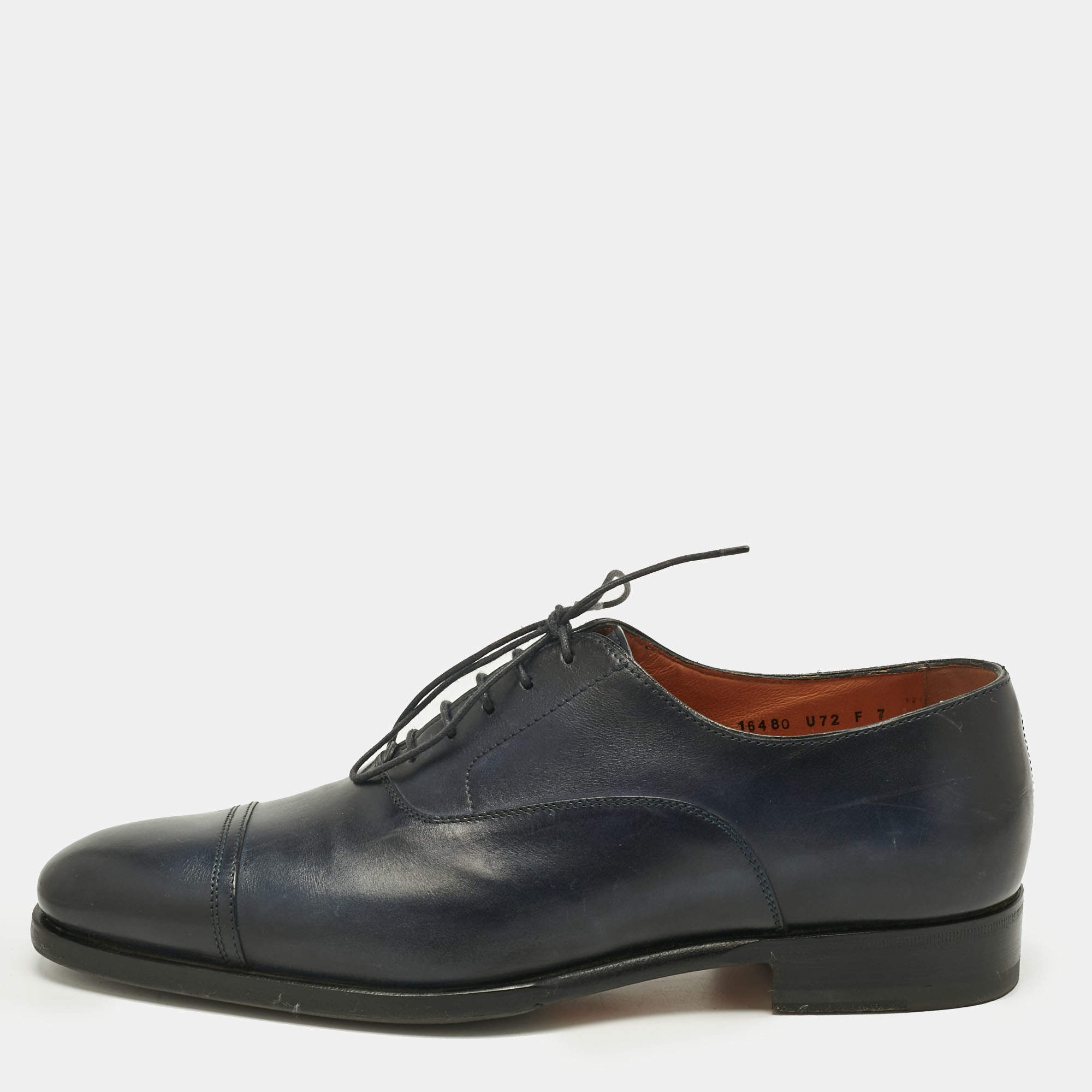 Pre Owned Santoni Navy Blue Leather Goodyear Oxfords Size 41