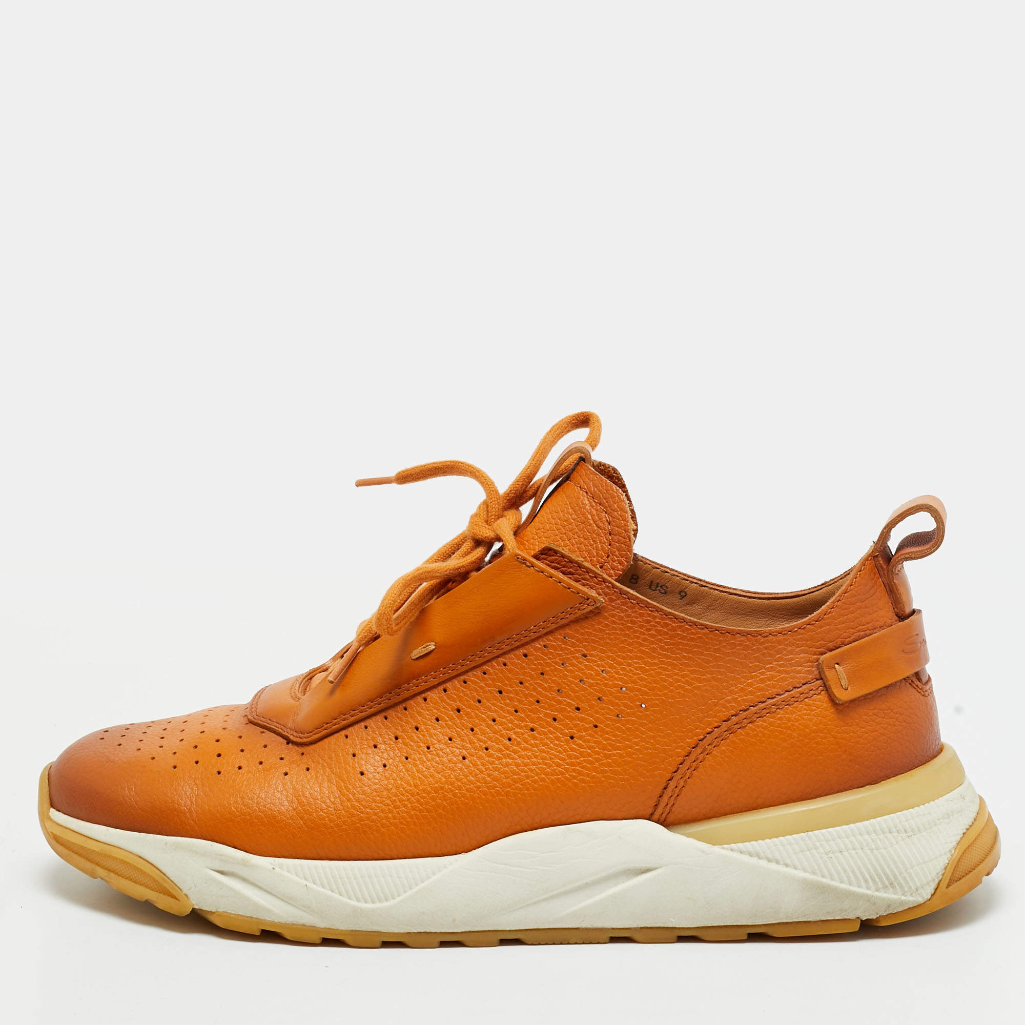مملوكة مسبقًا Santoni Sport Size 42 Orange Perforated Leather Lace Up Sneakers