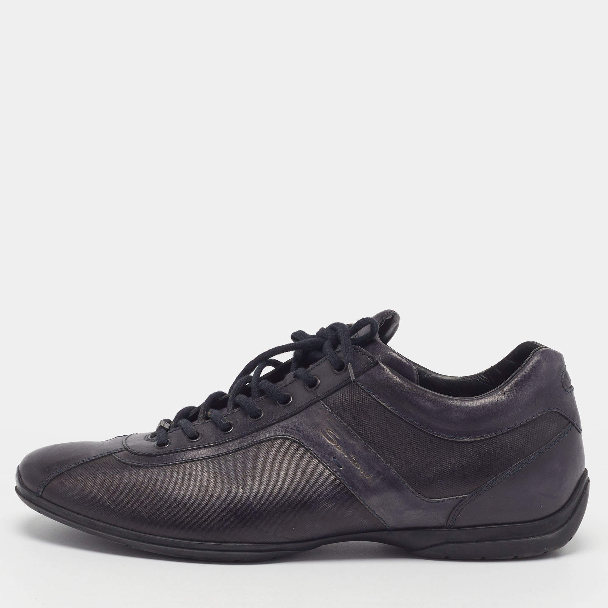 Pre Owned Santoni Size 44 Black Canvas and Leather Lace Up Sneakers