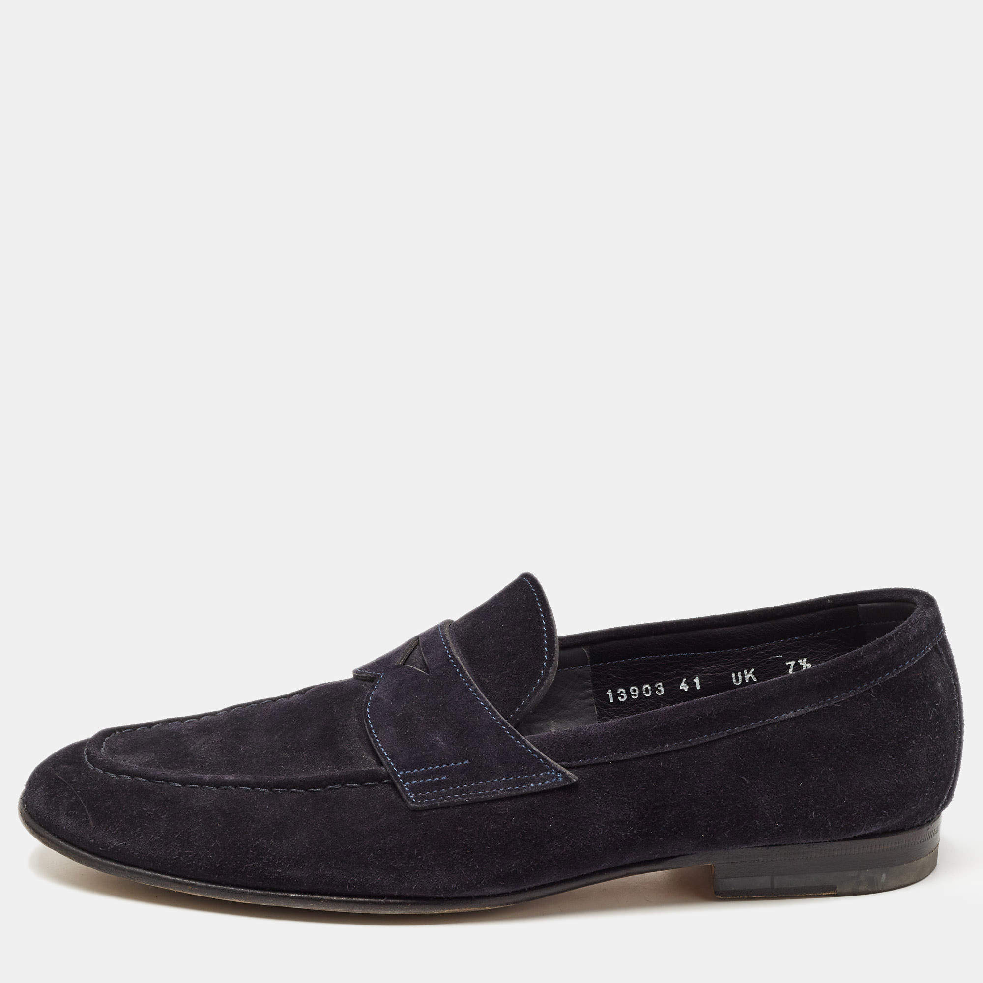 Santoni Navy Blue Suede Penny Slip On Loafers Size 41.5