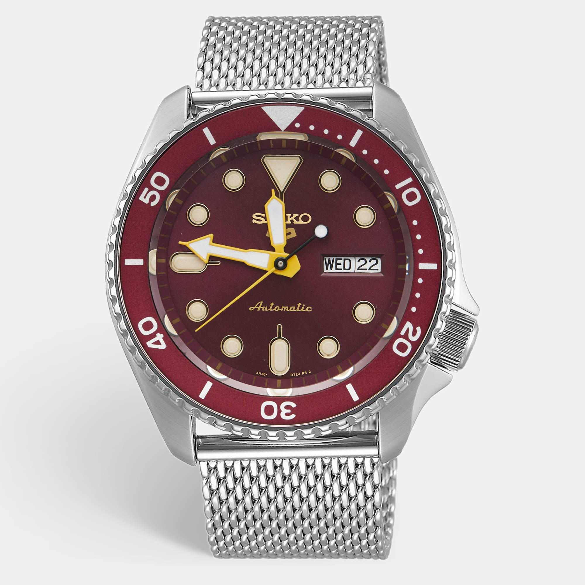 Pre Owned Seiko 5 sports SRPD69K1 Burgundy Dial Stainless Steel Men's Wristwatch 42.5 mm