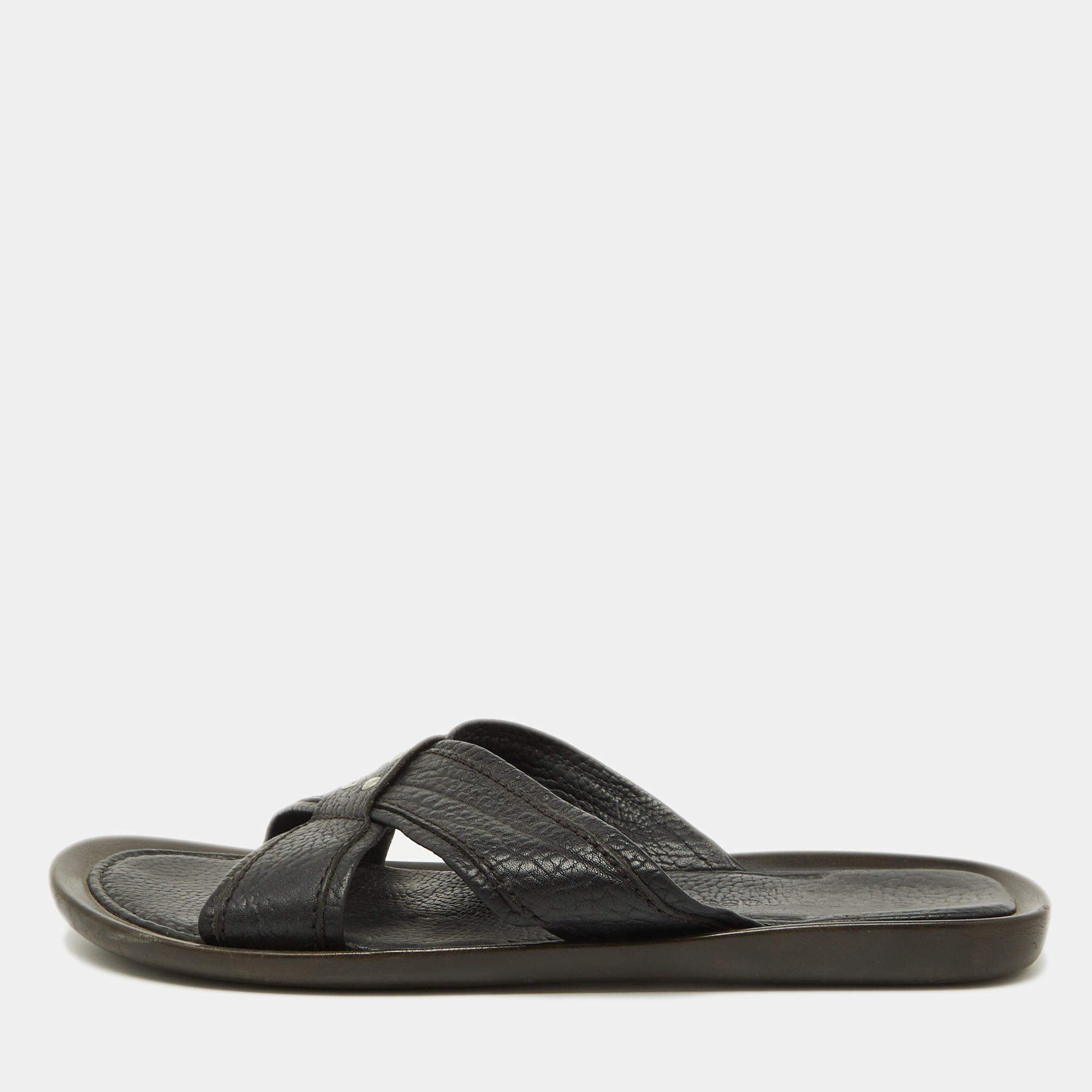 Sergio Rossi Black Leather Cross Strap Flat Sandals Size 44.5