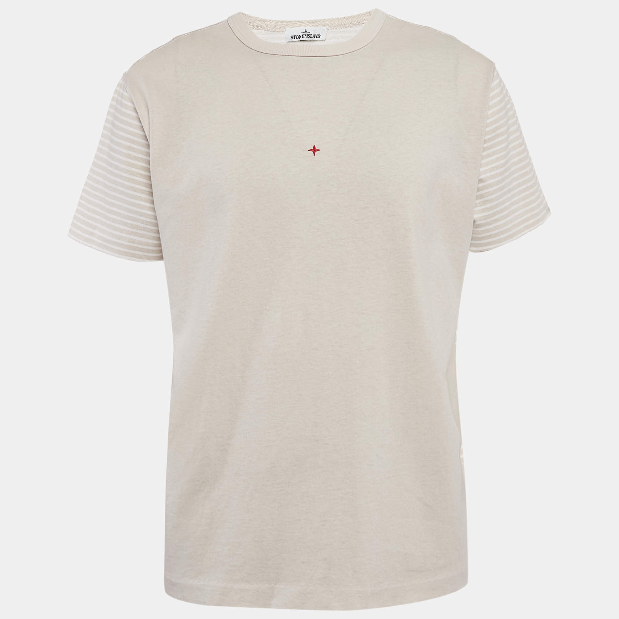 Pre Owned Stone Island Beige Stripe Cotton Crew Neck T-Shirt XL