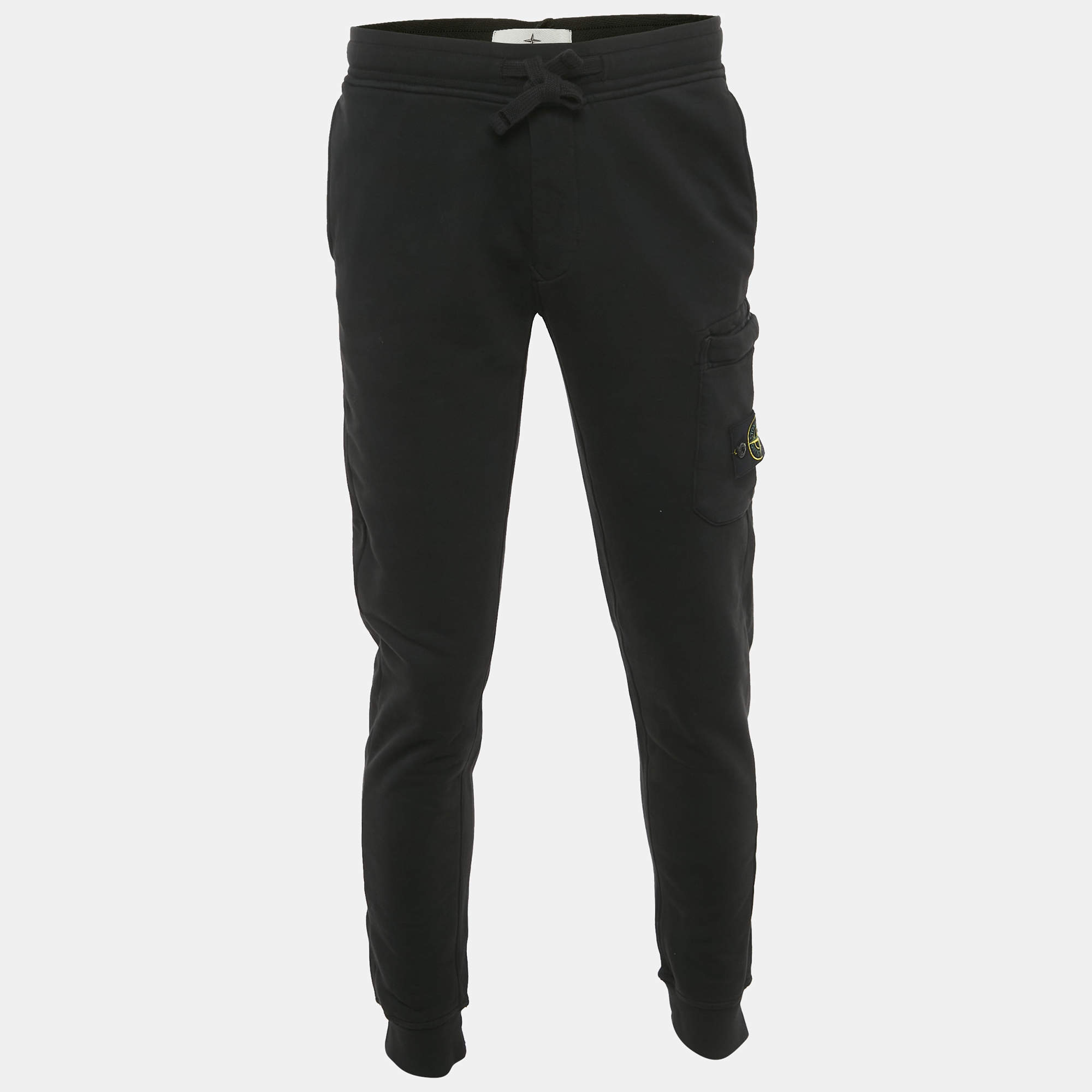 Pre Owned Stone Island Black Cotton Logo Applique Fleece Jogger Pants S