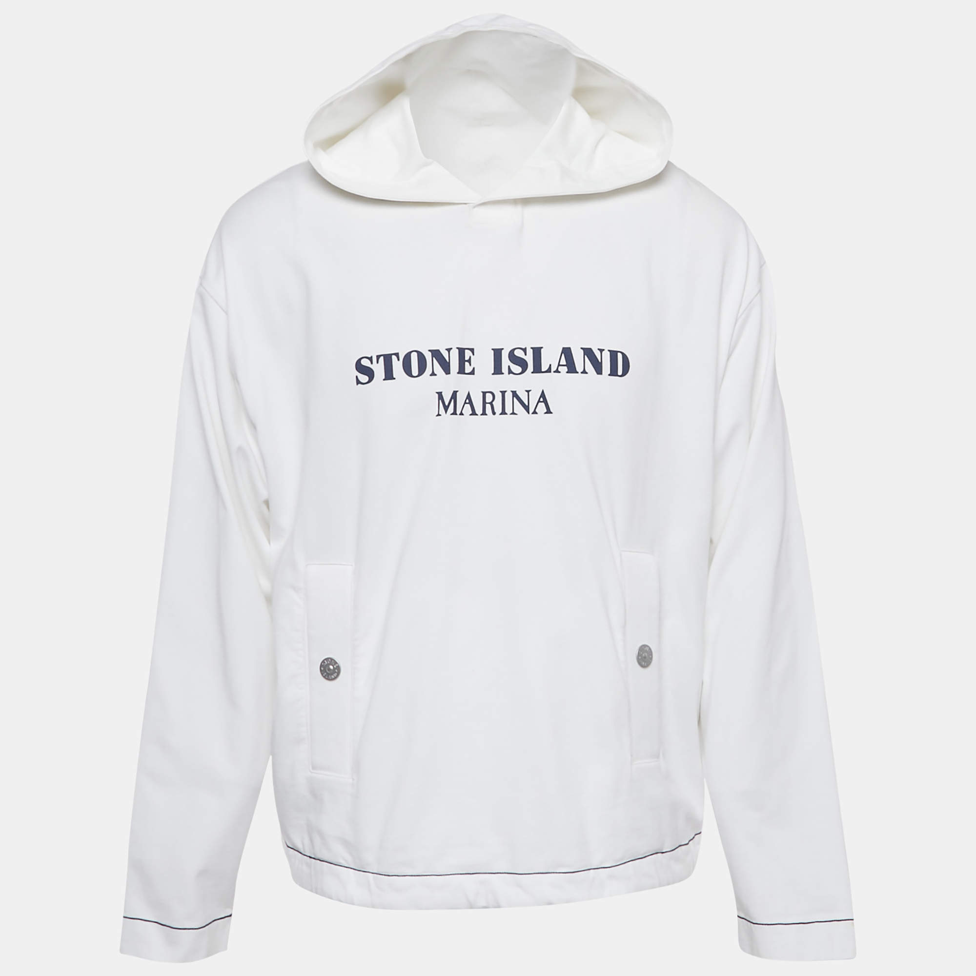 Pre Owned Stone Island White Cotton Knit Logo Printed Hoodie M