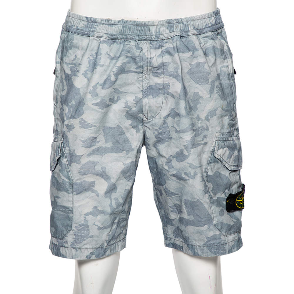 Stone Island Blue Camouflage Printed Cotton Cargo Shorts M 