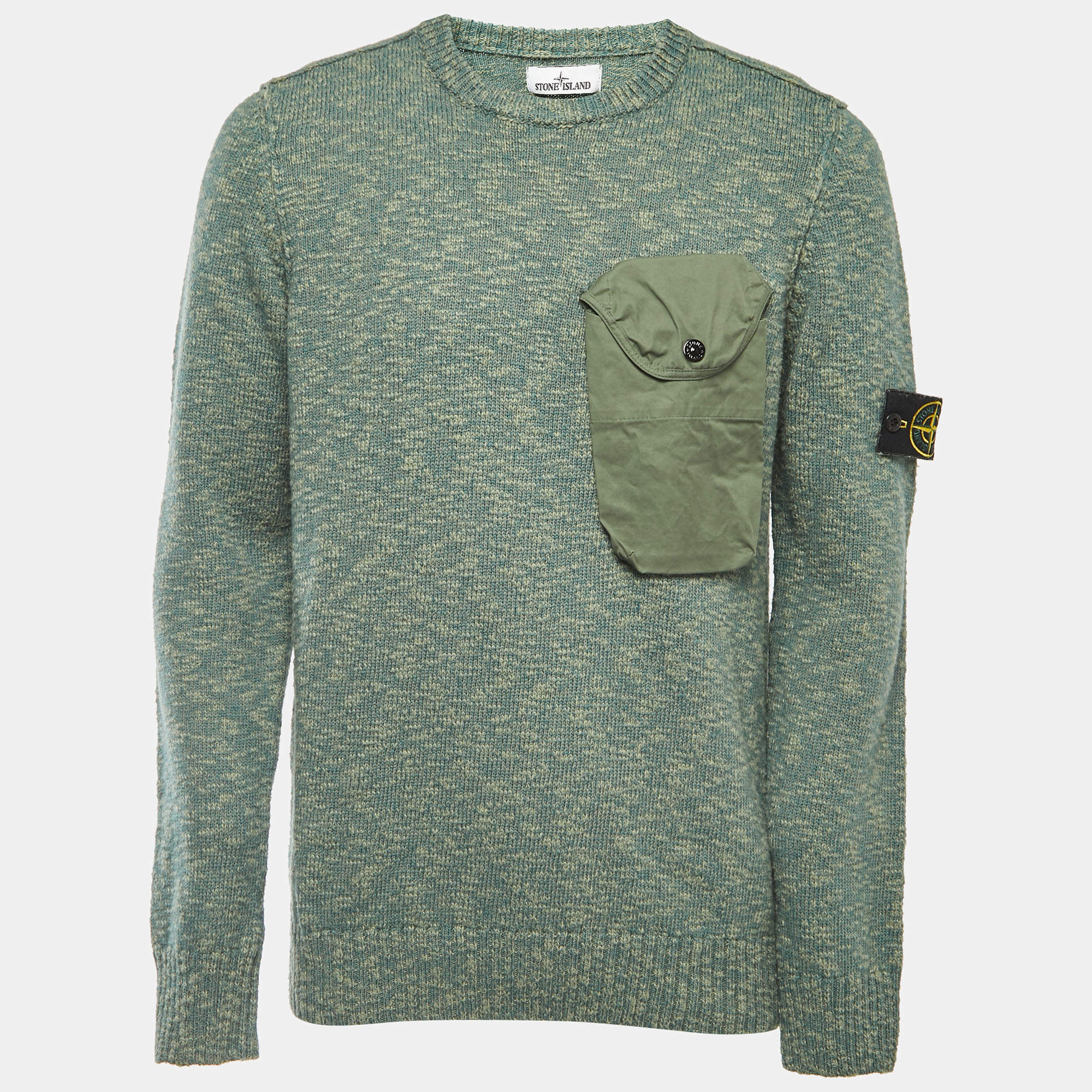 Stone Island Green Wool Blend Pocket Detailed Crew Neck Sweater L