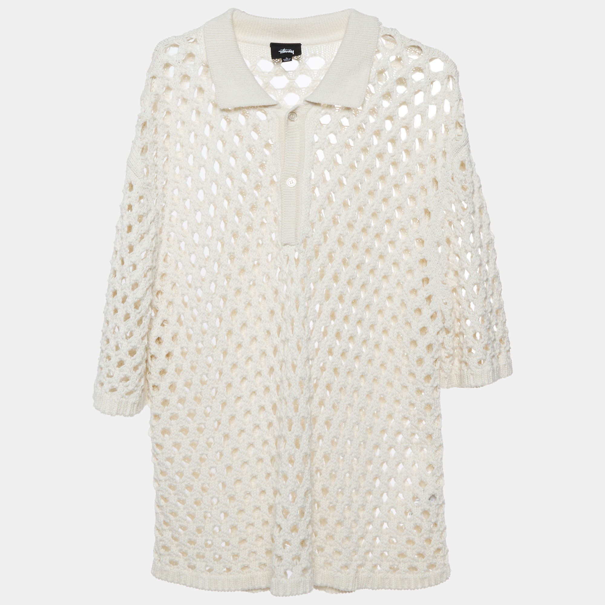 Pre Owned Stüssy Cream Crochet Knit Mesh Polo Sweater L