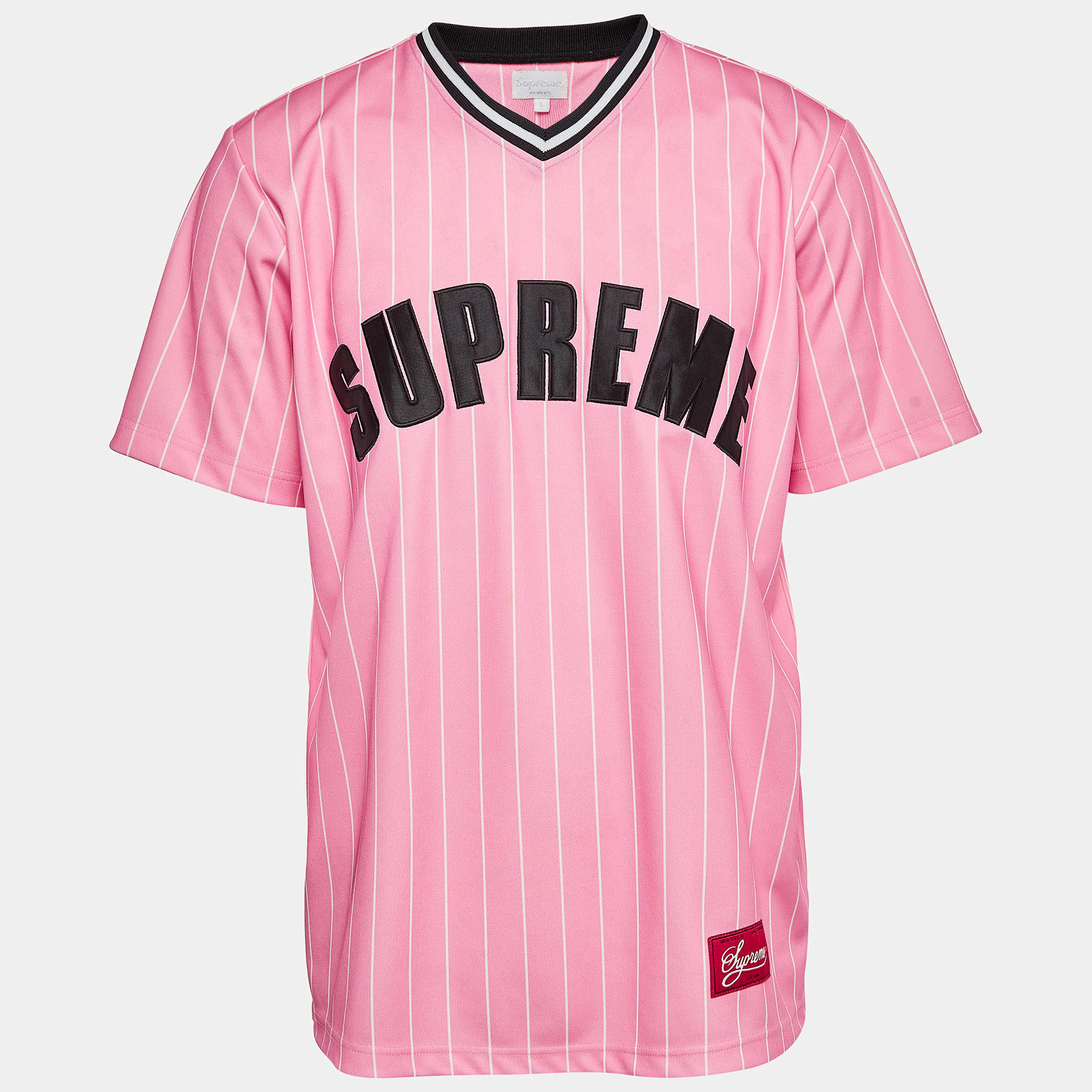 Supreme Pink Pinstripe Jersey Logo Applique Baseball T-Shirt L