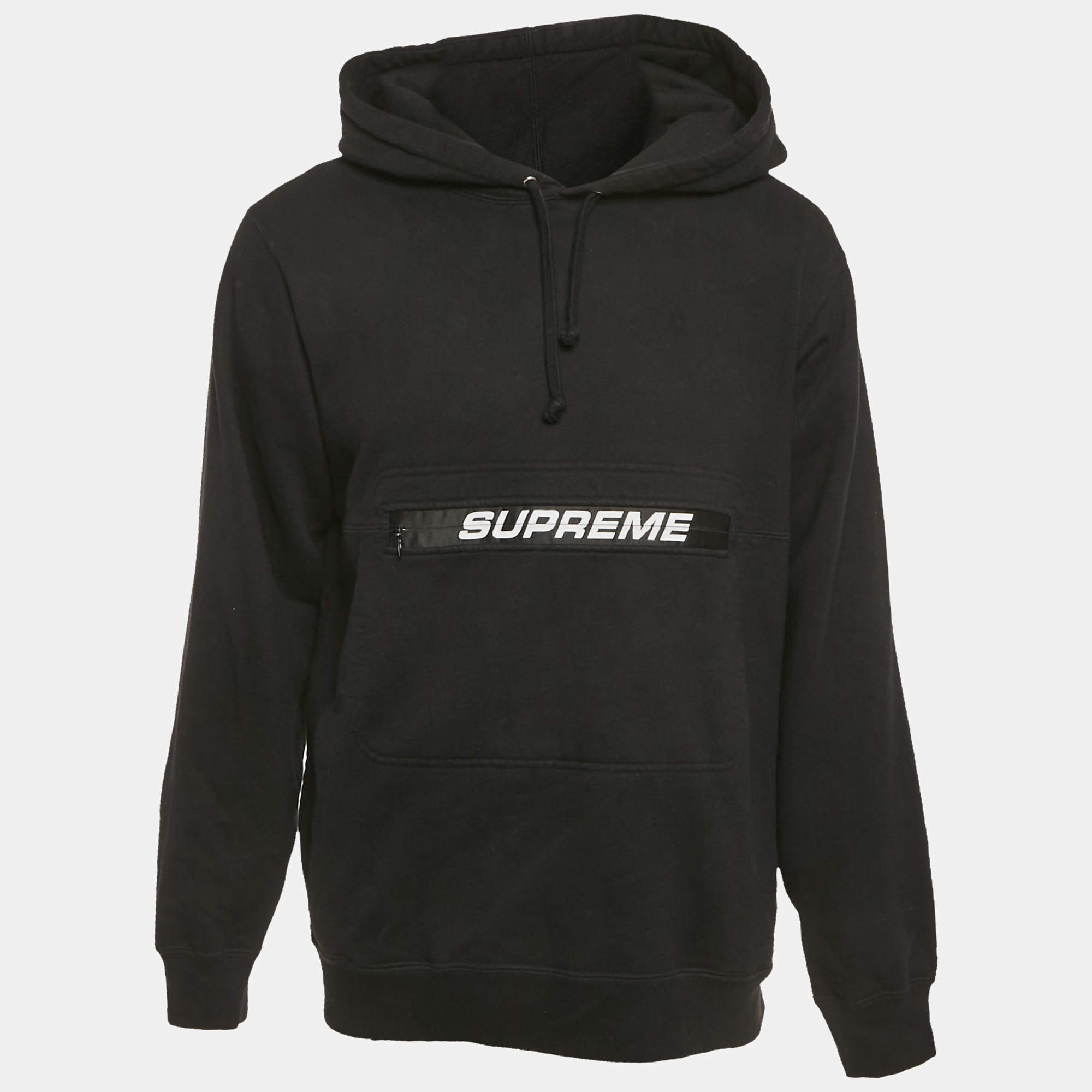 Pre Owned Supreme Black Cotton Logo Detail Hooded Sweatshirt S