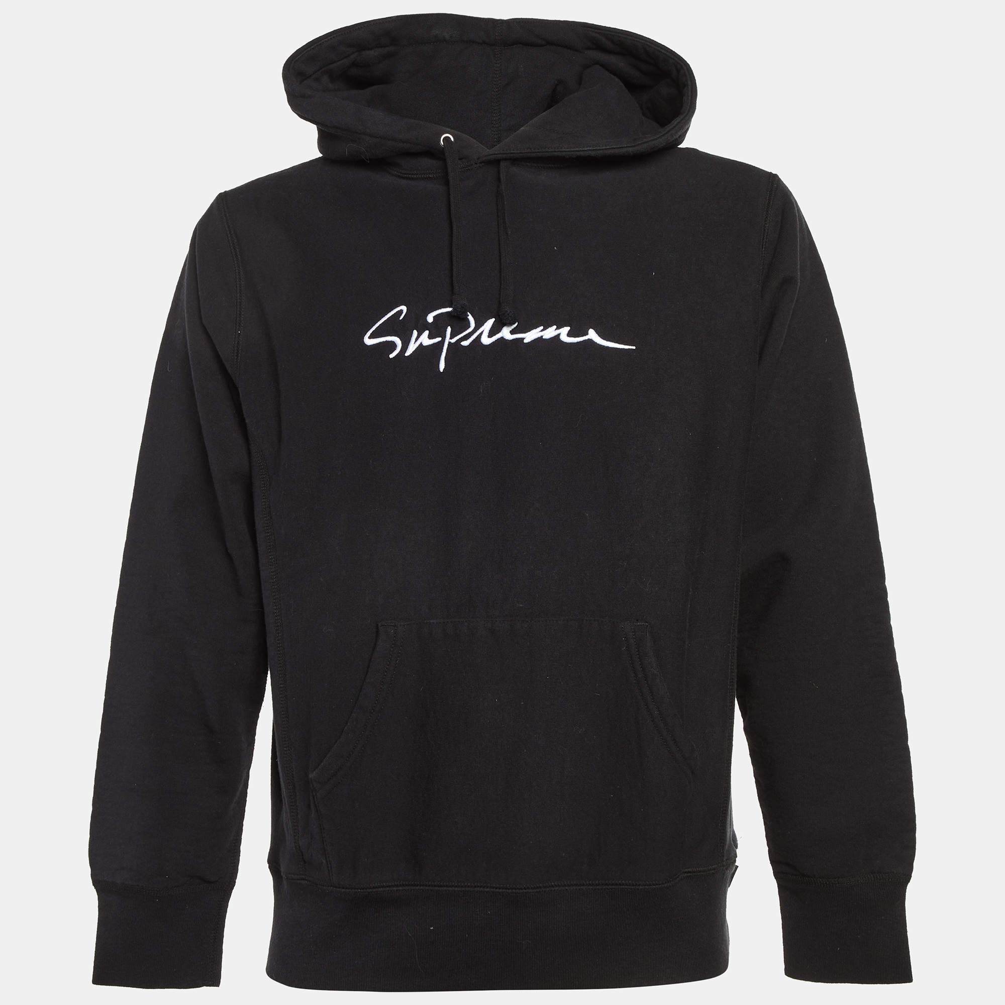 Pre Owned Supreme Black Logo Embroidered Cotton Hoodie M