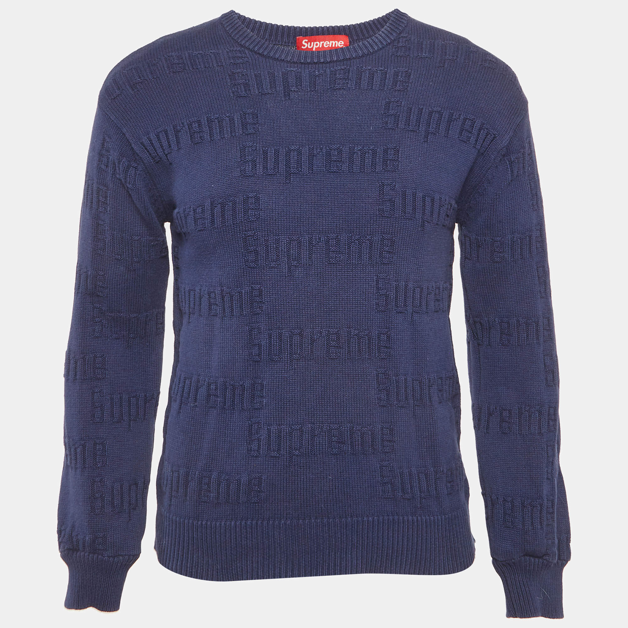 Pre Owned Supreme Navy Blue Wool Raised Logo Sweater S