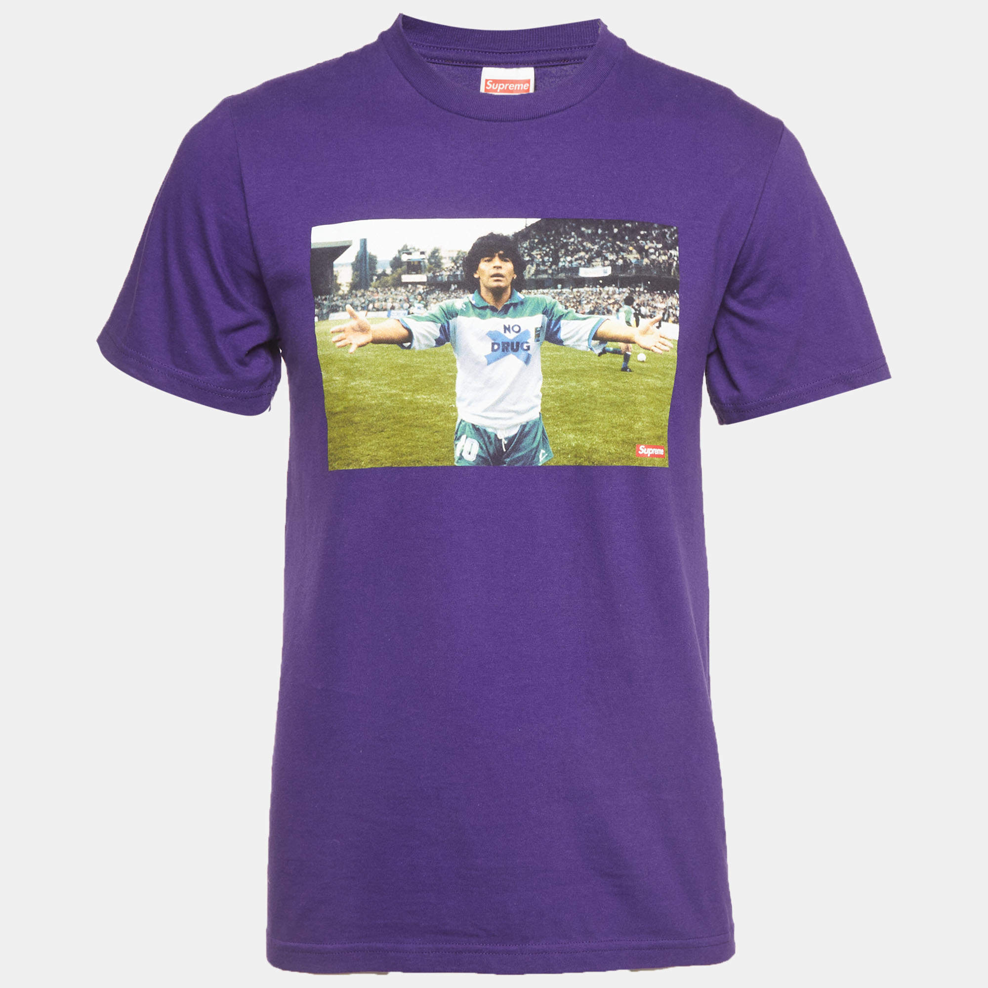 Pre Owned Supreme Purple Printed Cotton Crewneck Maradona T-Shirt S