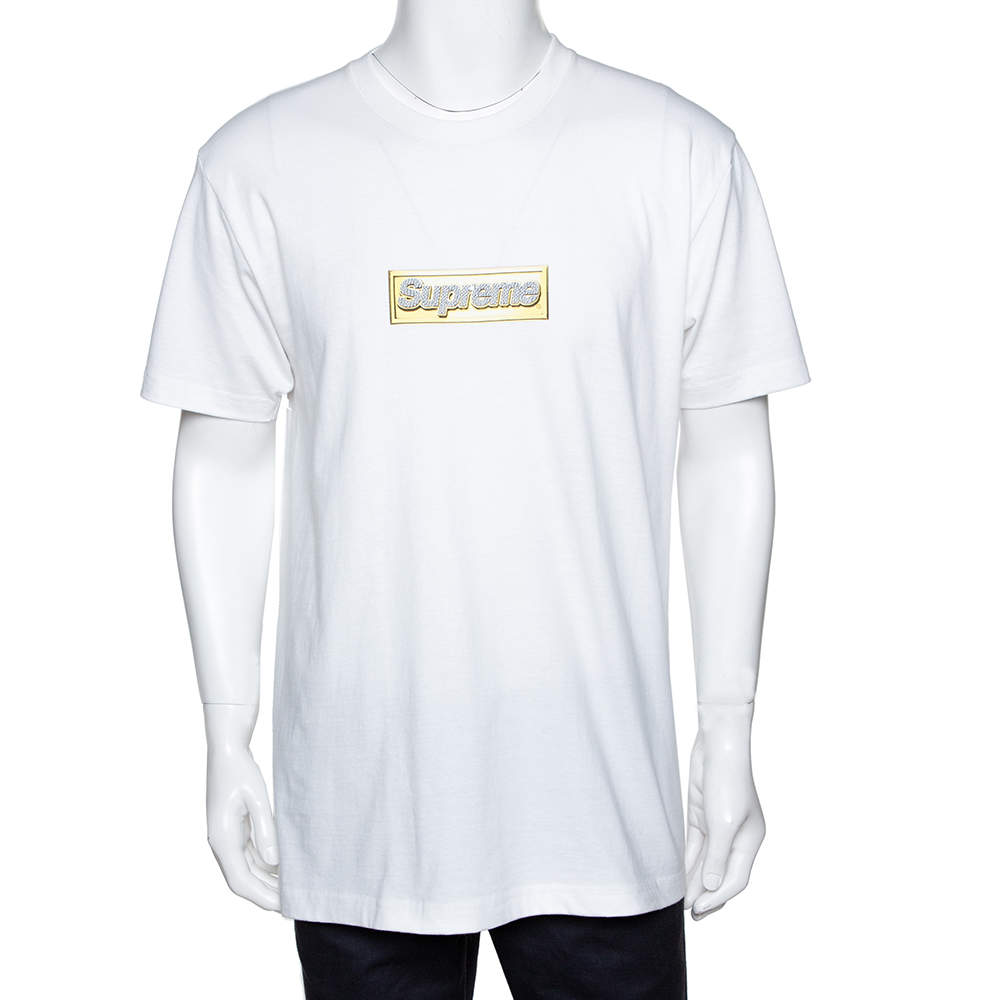 Pre Owned Supreme White Cotton Crystal Logo Print Crew Neck T Shirt L 