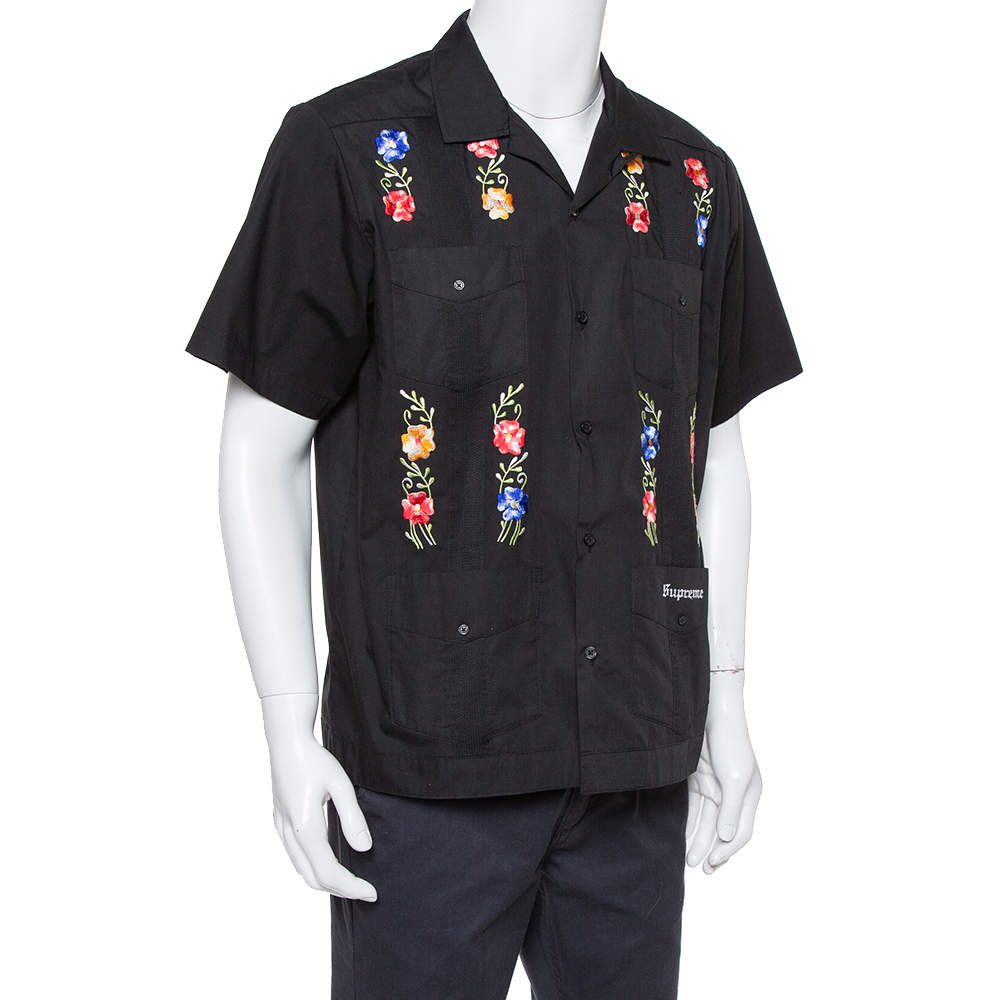 Supreme Black Cotton Blend Flowers Guayabera Shirt M