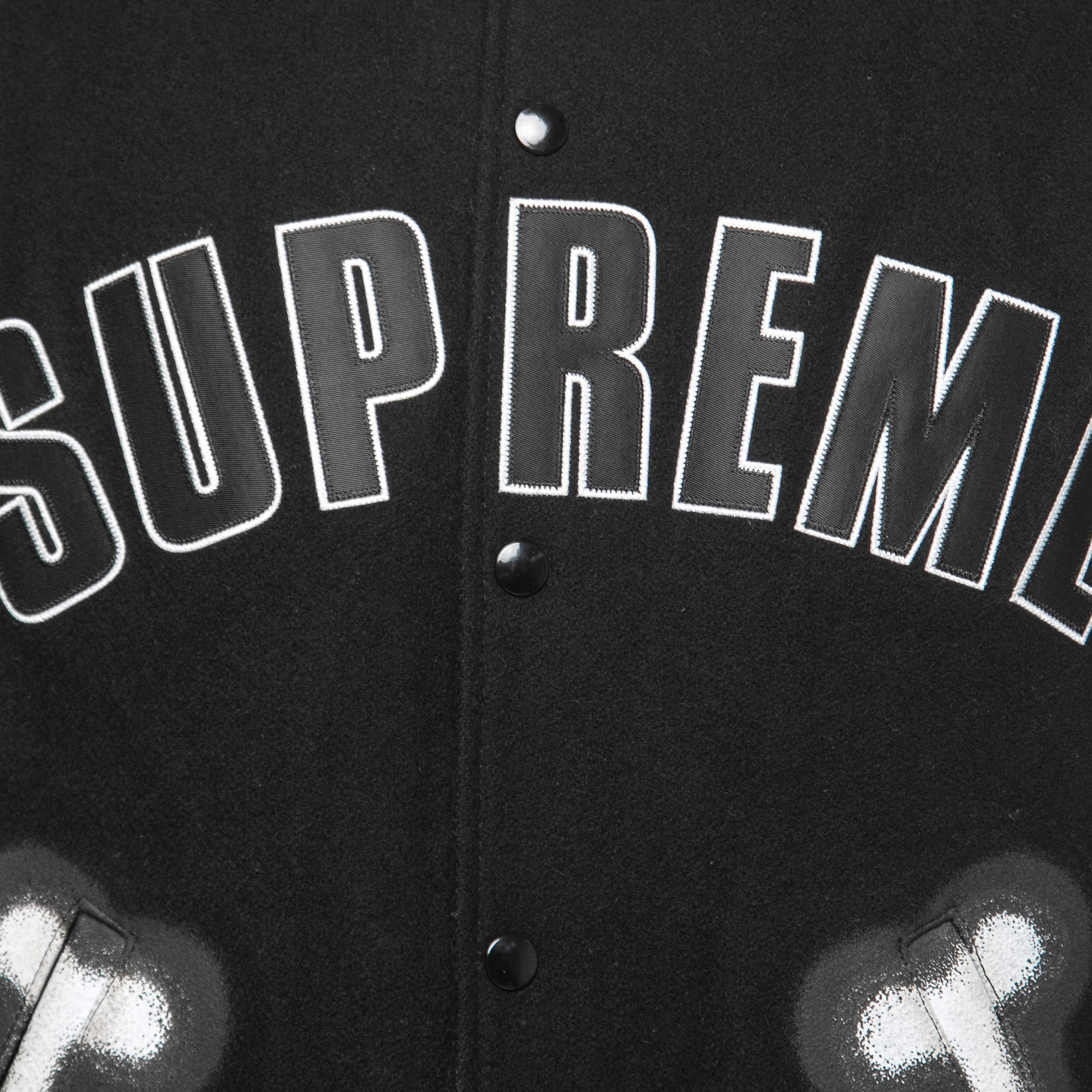 Supreme Black Wool & Leather Bone Print Varsity Jacket M
