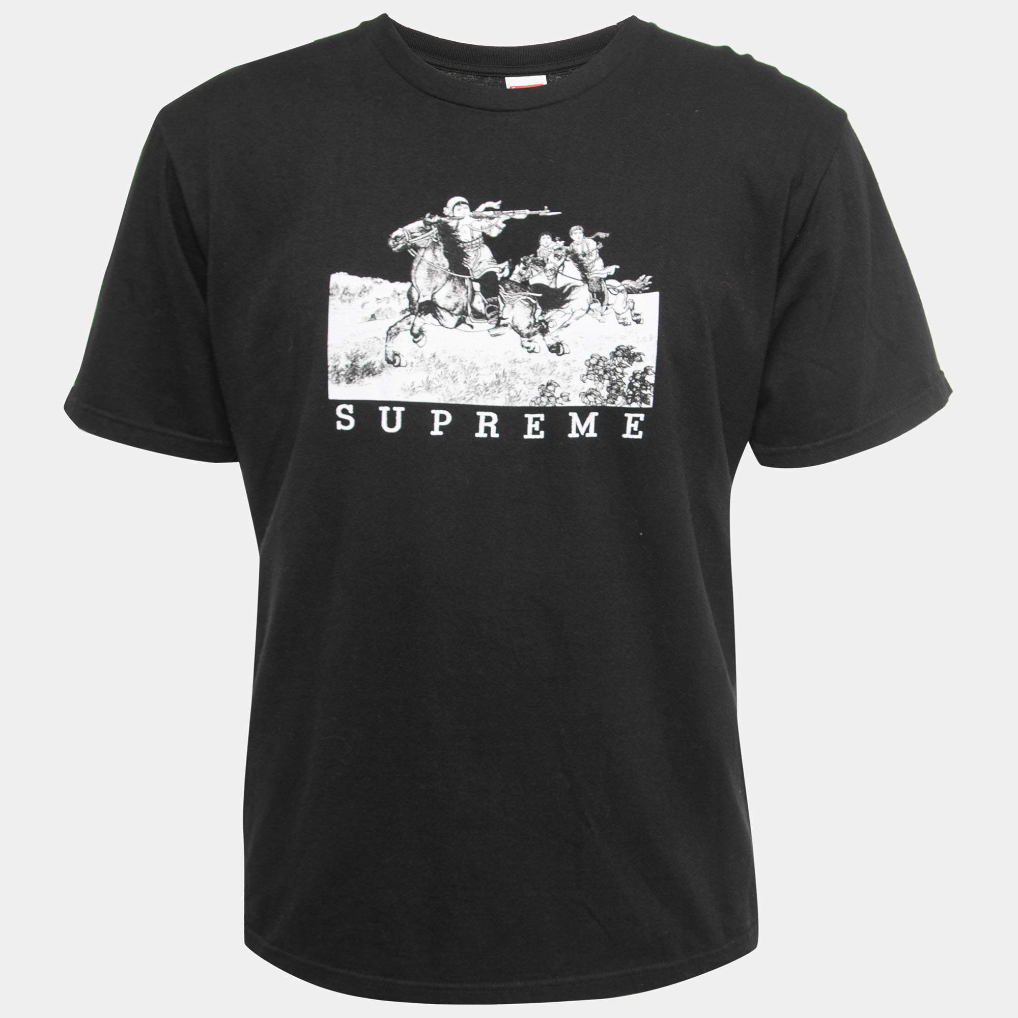 Pre Owned Supreme Black Logo Print Cotton Crew Neck Half Sleeve T-Shirt L