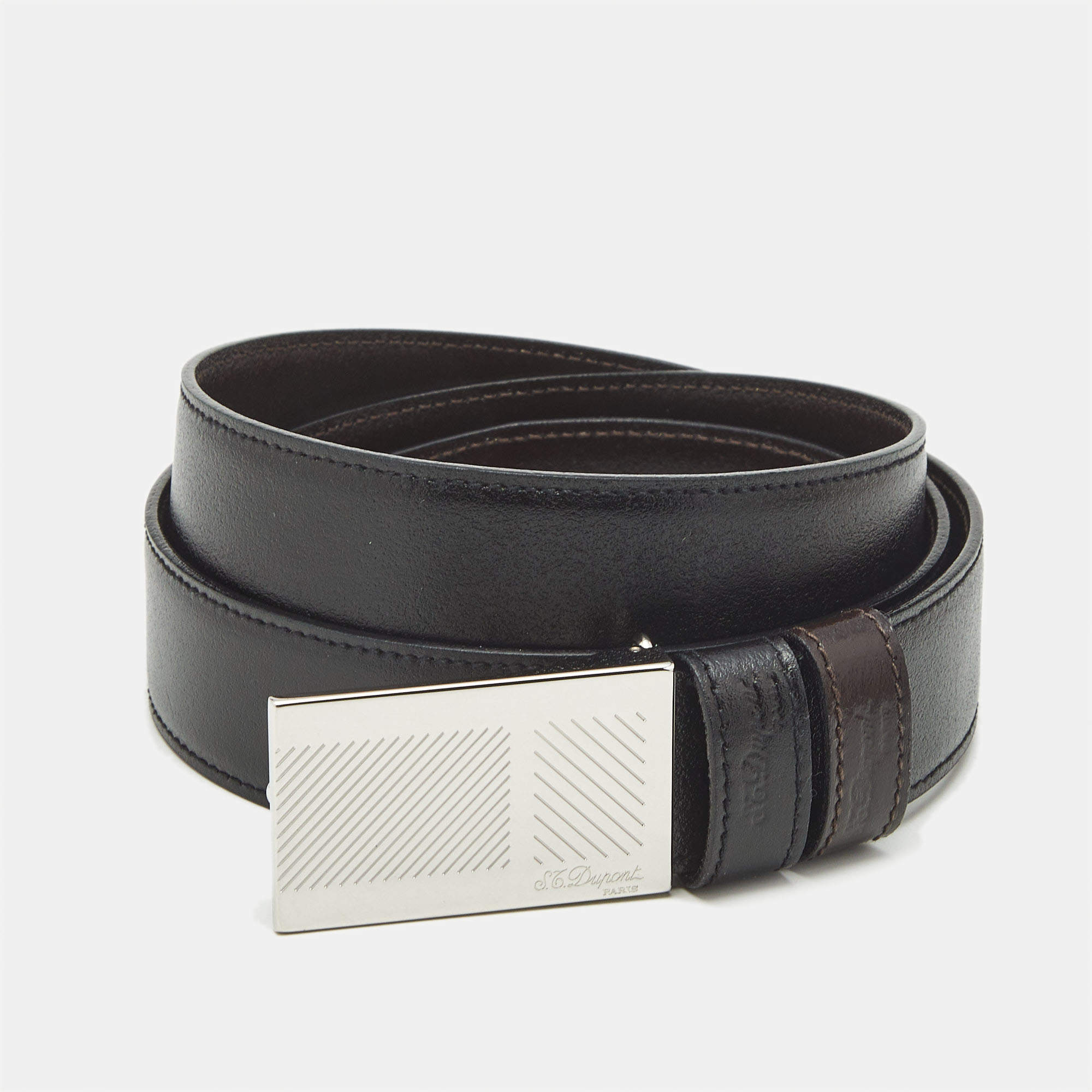 Pre Owned S.T. Dupont Black/Brown Leather Cut to Size Reversible Belt 