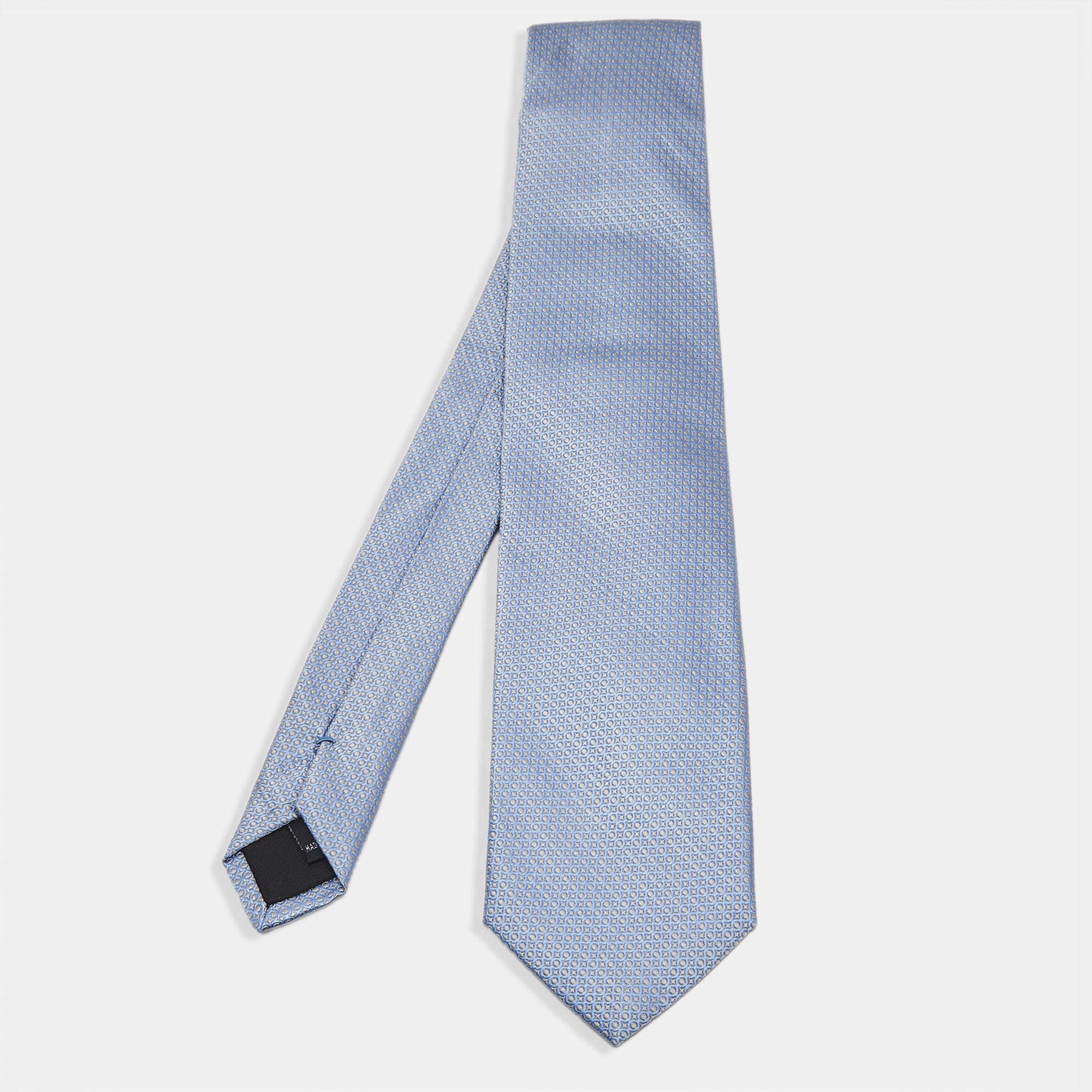 Pre Owned S.T. Dupont Blue Geometric Patterned Silk Jacquard Tie