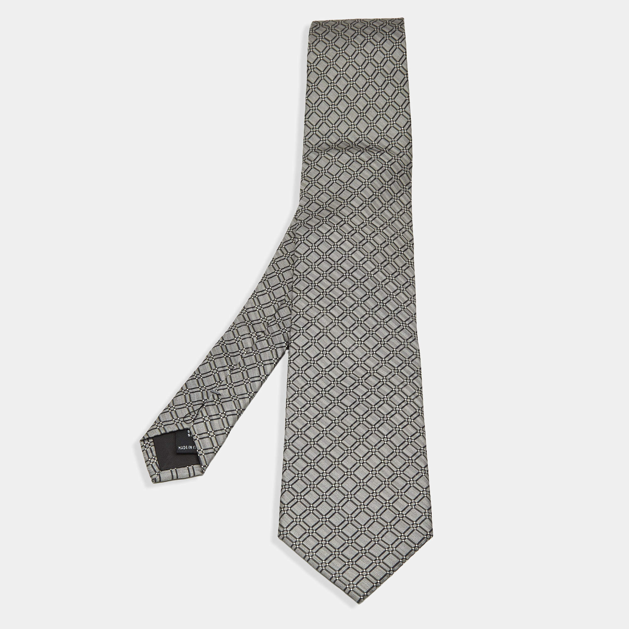 Pre Owned S.T. Dupont Grey Geometric Pattern Tie