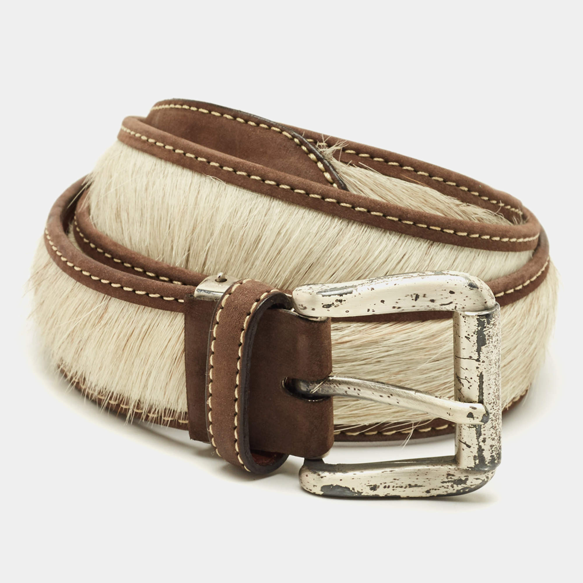 مملوكة مسبقًا S.T. Dupont Buckle Belt Brown/Off White Calfhair and Leather