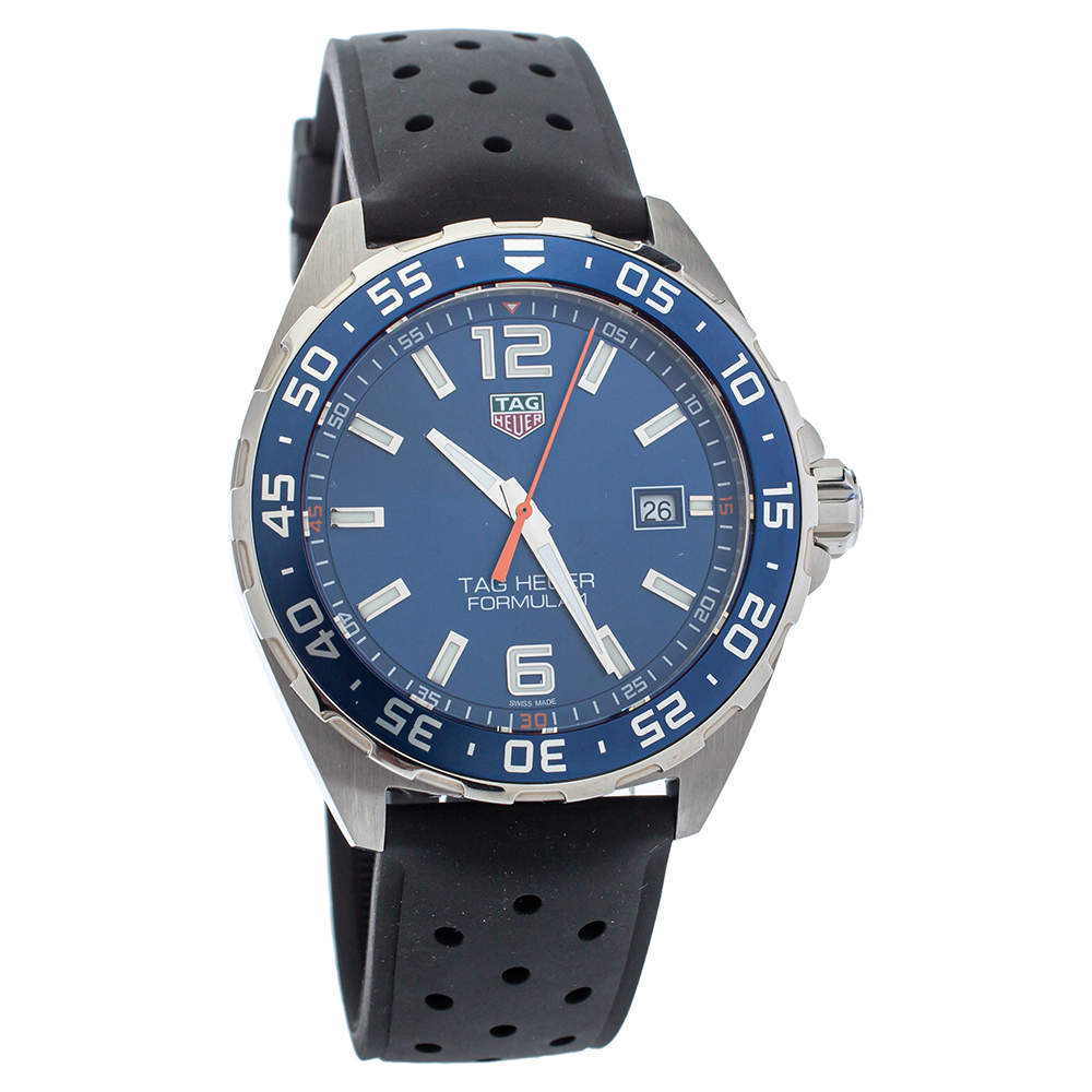 Tag Heuer Blue Stainless Steel Rubber Formula 1 WAZ1010 Quartz Men's Wristwatch 43MM