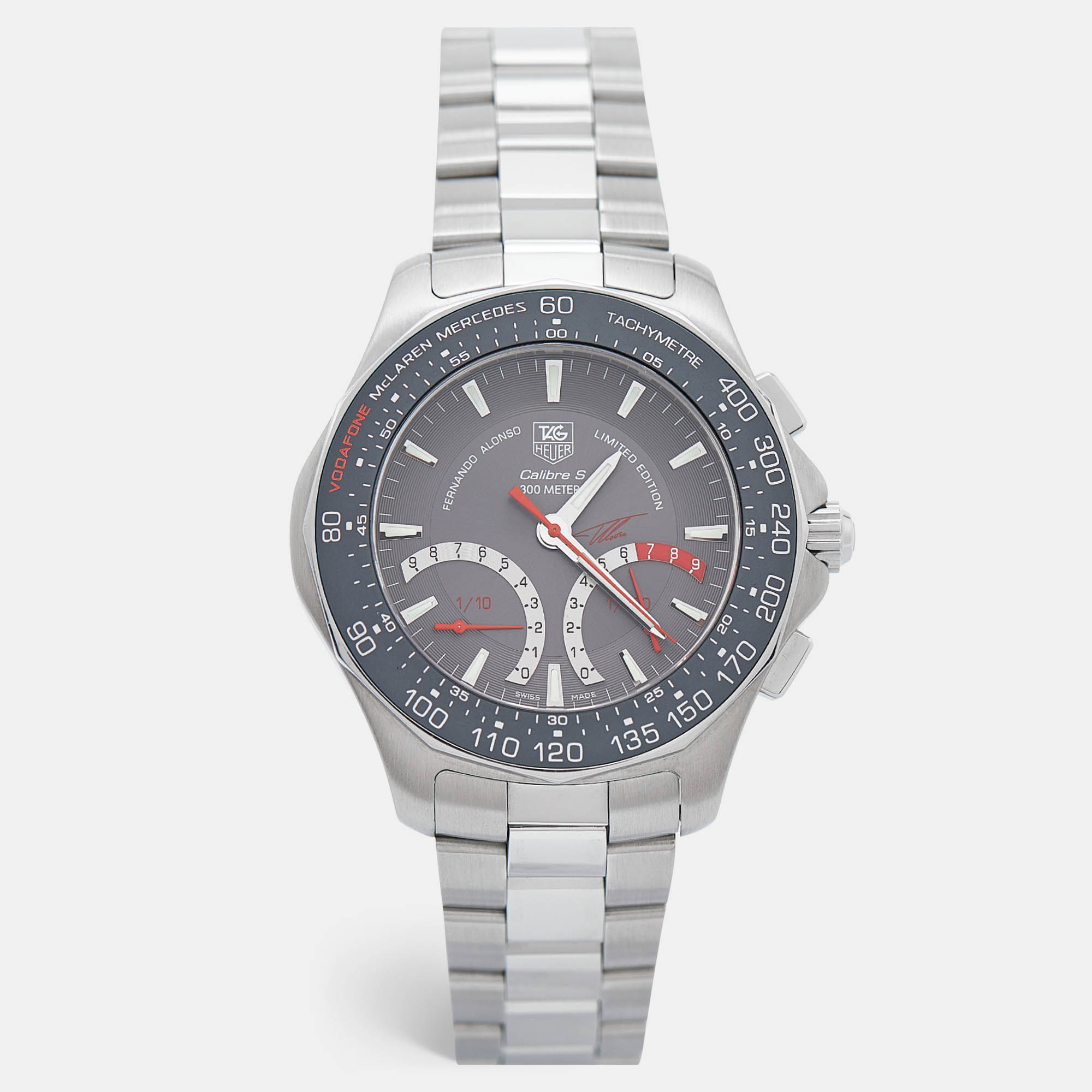 Tag Heuer Grey Stainless Steel Aquaracer F.Alonzo Limited Edition Vodafone McLaren Mercedes CAF7113.BA0803 Men's Wristwatch 41 mm
