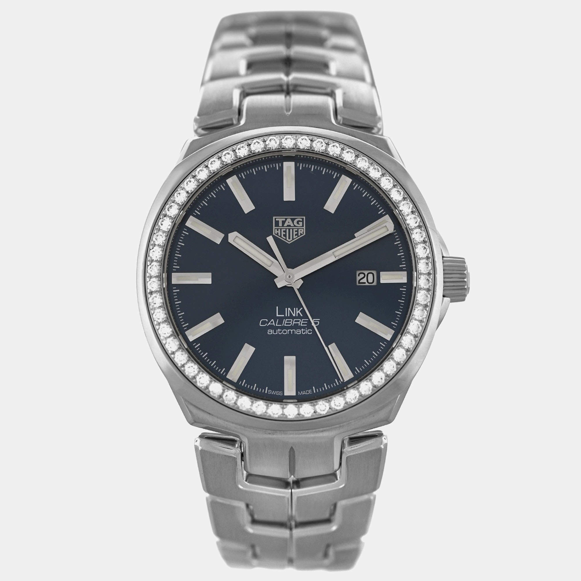 Tag Heuer Blue Stainless Steel Diamond Link WBC2113.BA0603 Automatic Men's Wristwatch 41 mm