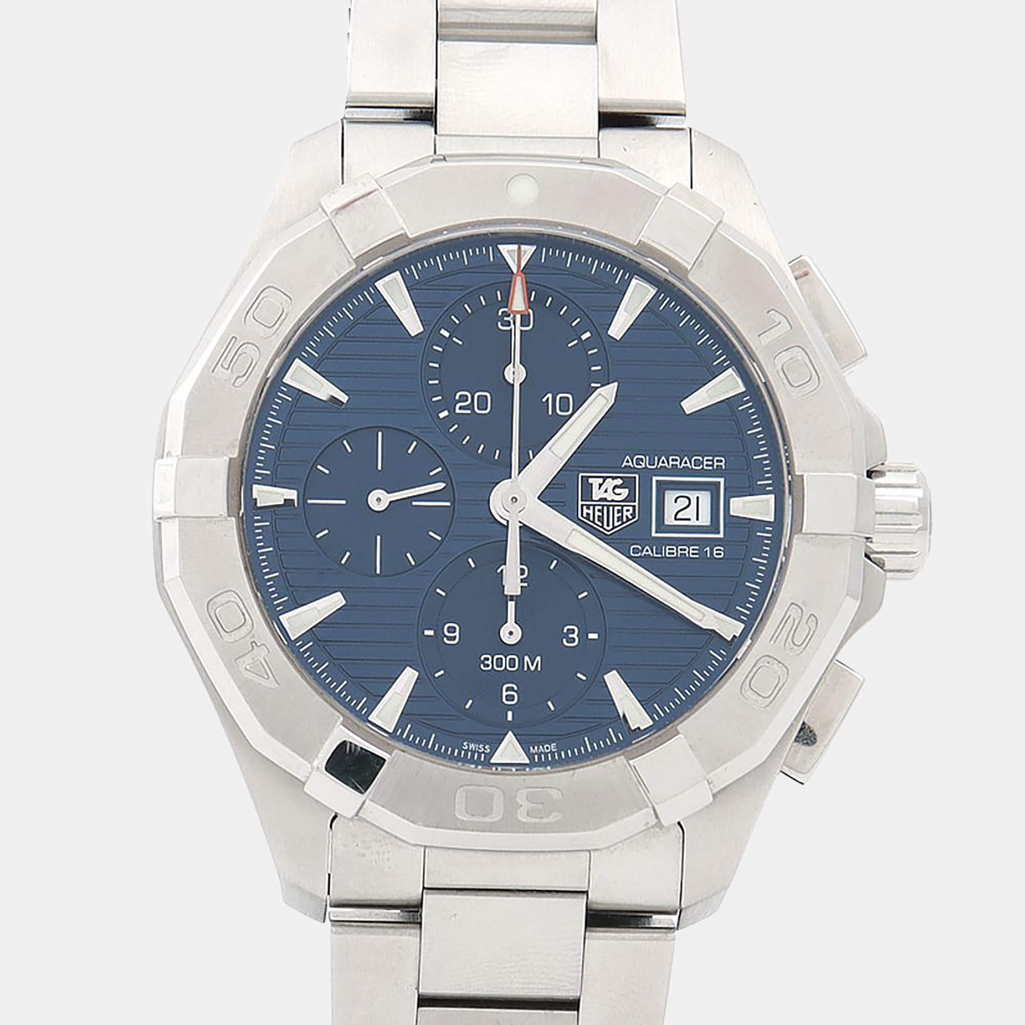 Pre Owned Tag Heuer Aquaracer Chronograph CAY2112-2 Automatic Blue Stainless Steel Men's Wristwatch 44mm