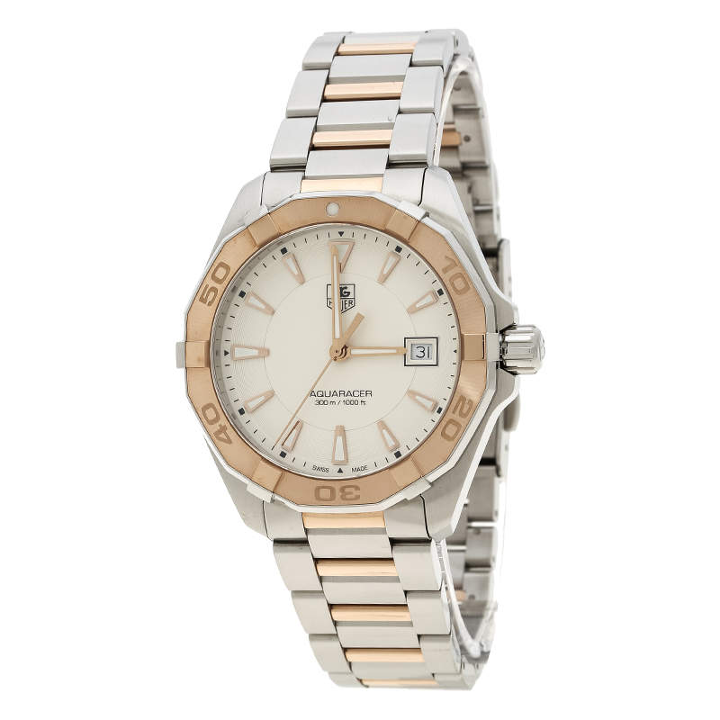 Pre Owned Tag Heuer White Rose Gold Tone Stainless Steel Aquaracer WAY1150.BD0911 Men's Wristwatch 40 mm