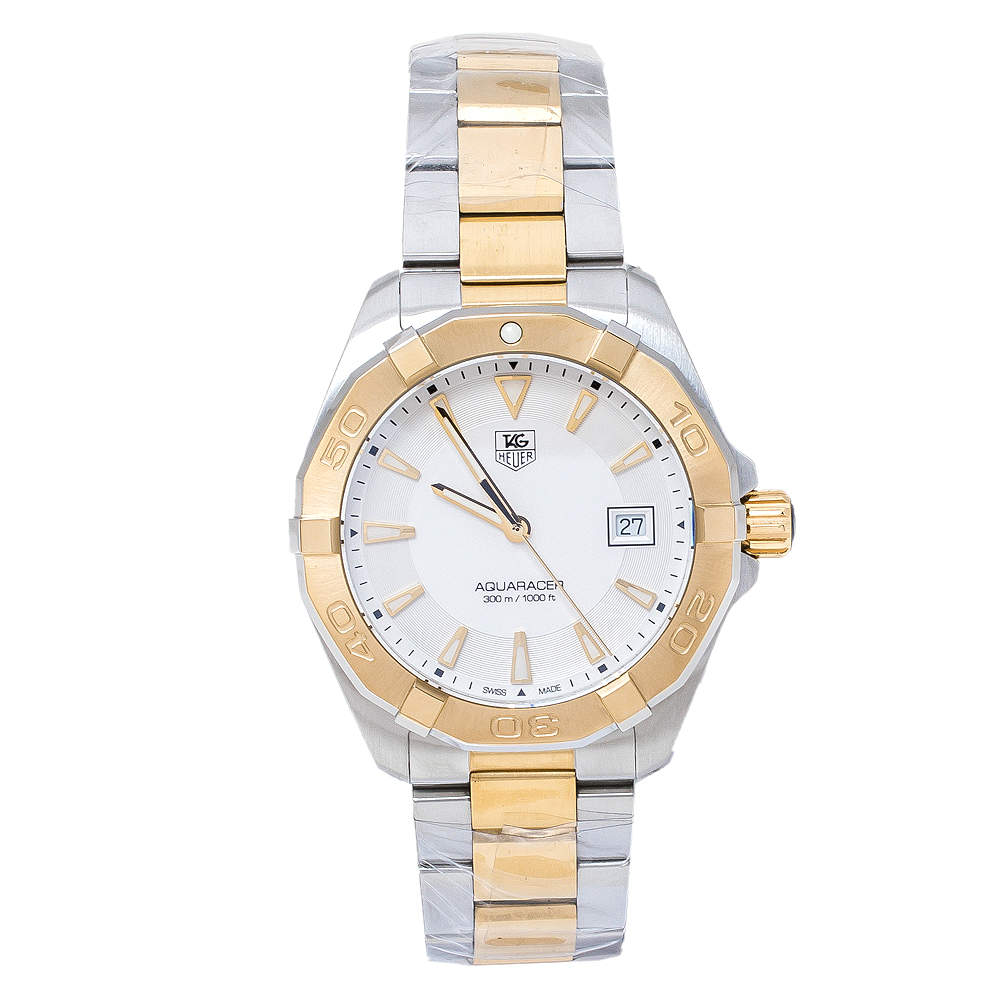 Pre Owned TAG Heuer Silver Opaline Two-Tone Stainless Steel Aquaracer WAY1120.BB0930 Men's Wristwatch 40.50 mm