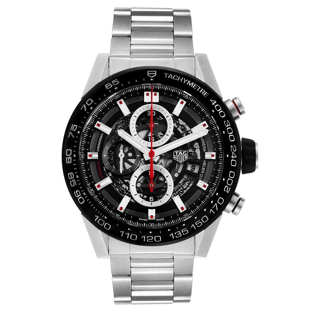 Tag Heuer Black Stainless Steel Carrera Automatic Chronograph CAR2A1W Men's Wristwatch 45 MM