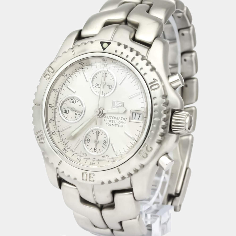 مملوكة مسبقًا Tag Heuer Silver Stainless Steel Link Chronograph Automatic CT2113 Men's Wristwatch 42 MM